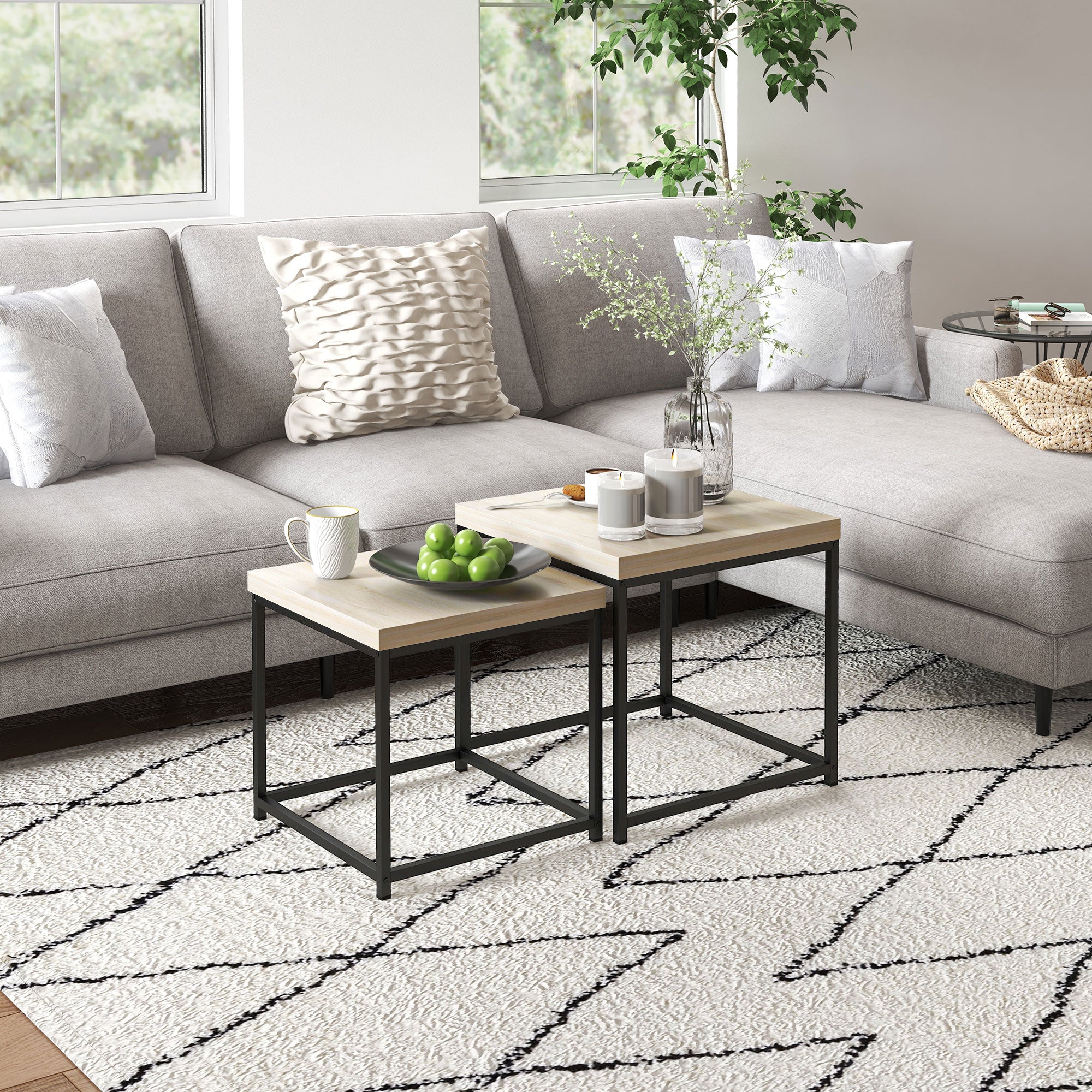 Set of 2 Nesting Side Tables Coffee Tables Square Living Room Tables Steel Frame and Light Wood Grain Tabletops