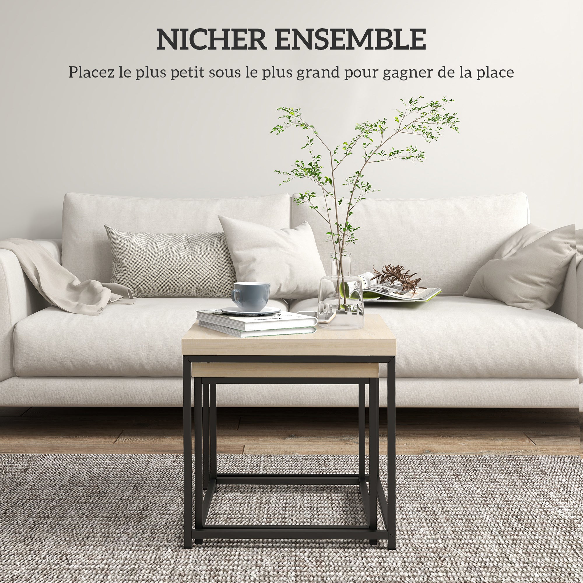 Set of 2 Nesting Side Tables Coffee Tables Square Living Room Tables Steel Frame and Light Wood Grain Tabletops