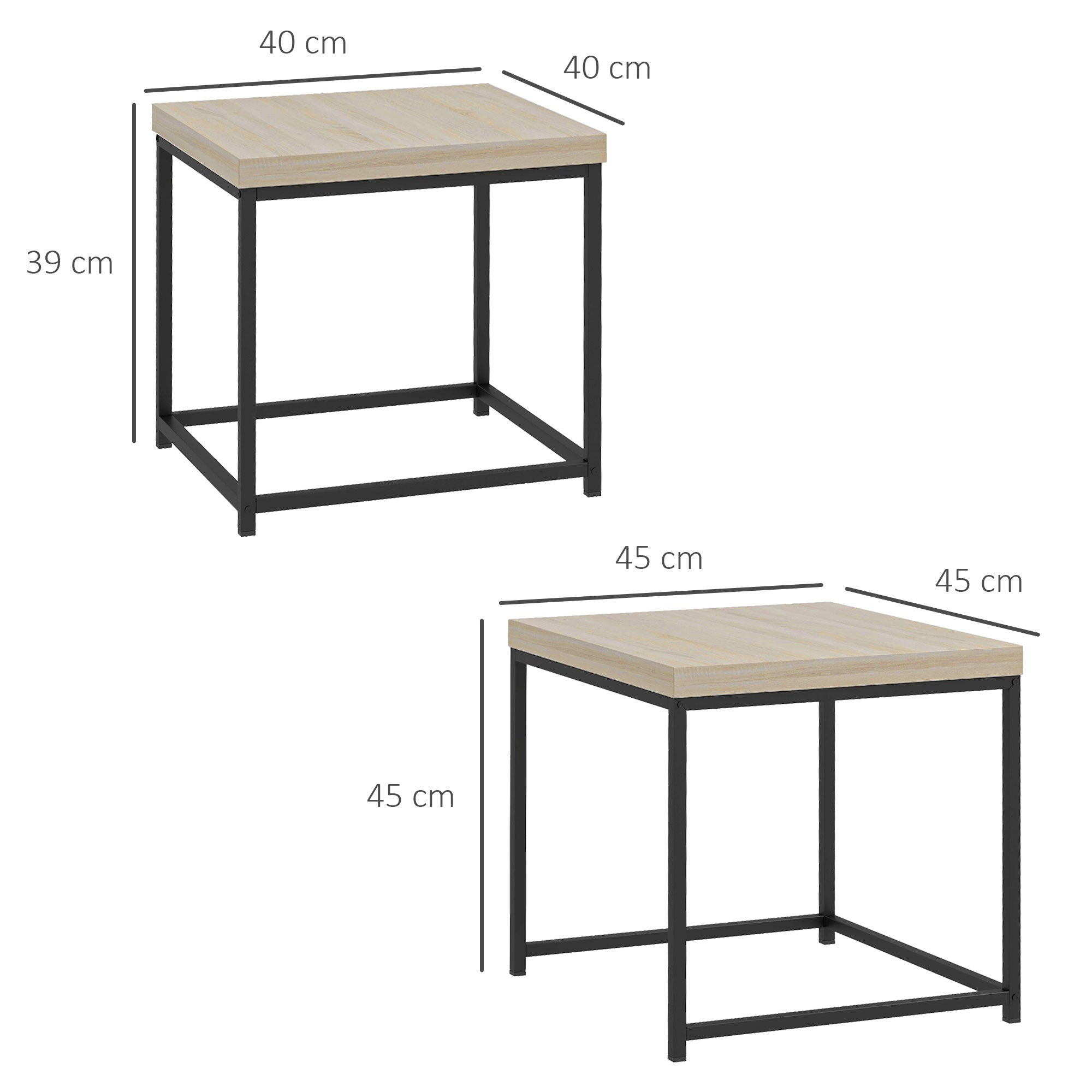 Set of 2 Nesting Side Tables Coffee Tables Square Living Room Tables Steel Frame and Light Wood Grain Tabletops