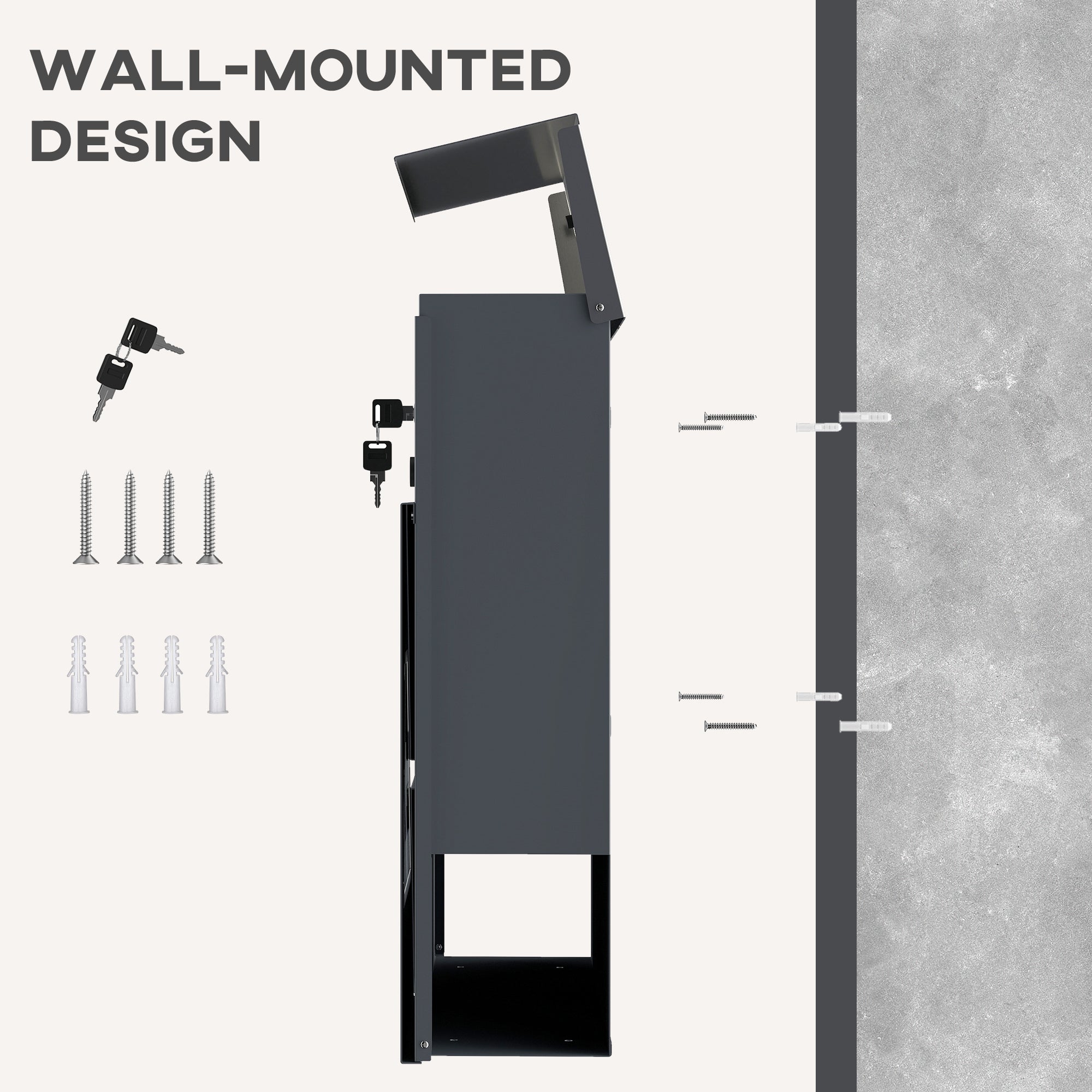 Wall Mailbox, Weatherproof Quiet-Close Outdoor Mailbox with Newspaper Holder and 2 Keys, 14.6 x 3.9 x 14.6 in (37 x 10 x 37 cm), Dark Gray