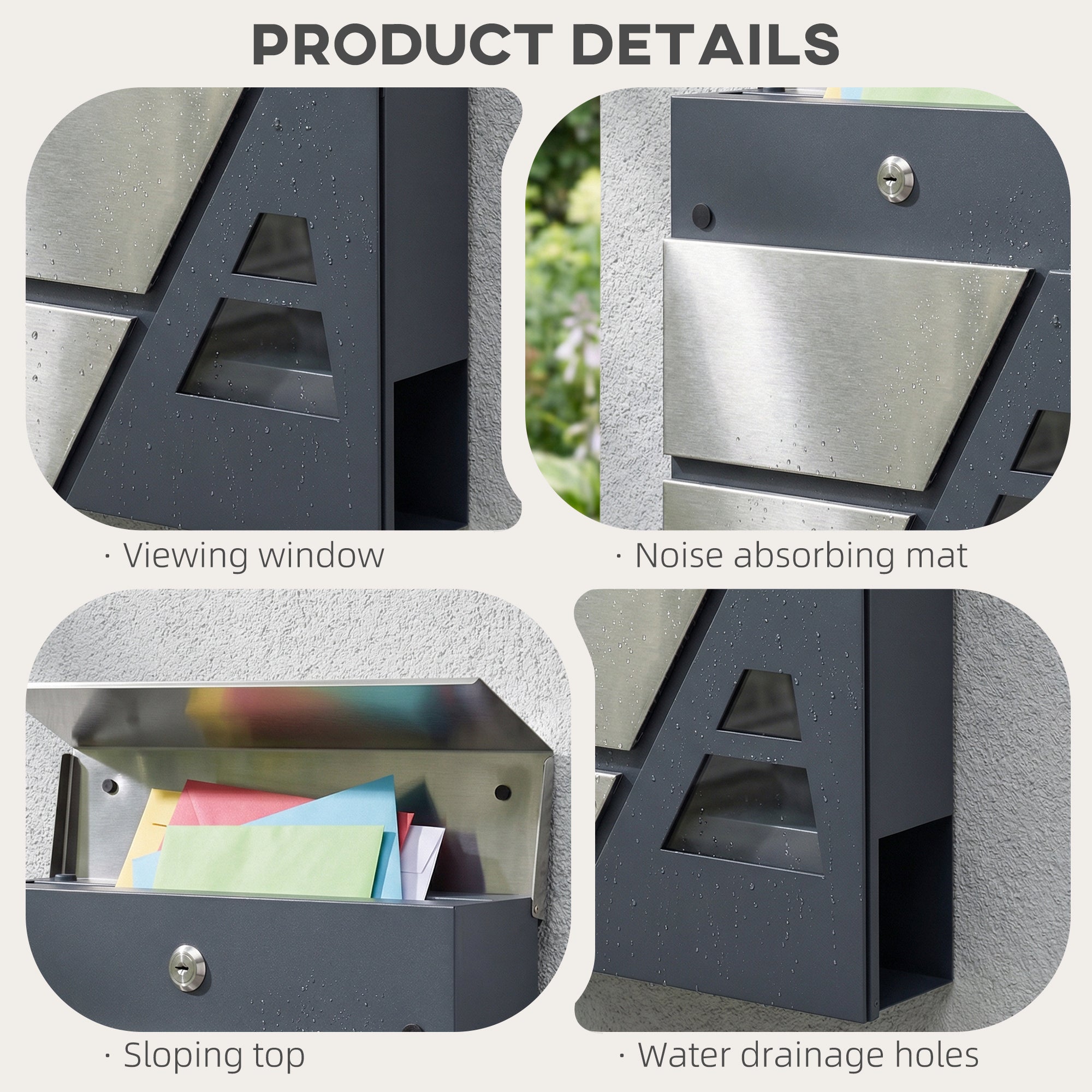 Wall Mailbox, Weatherproof Quiet-Close Outdoor Mailbox with Newspaper Holder and 2 Keys, 14.6 x 3.9 x 14.6 in (37 x 10 x 37 cm), Dark Gray