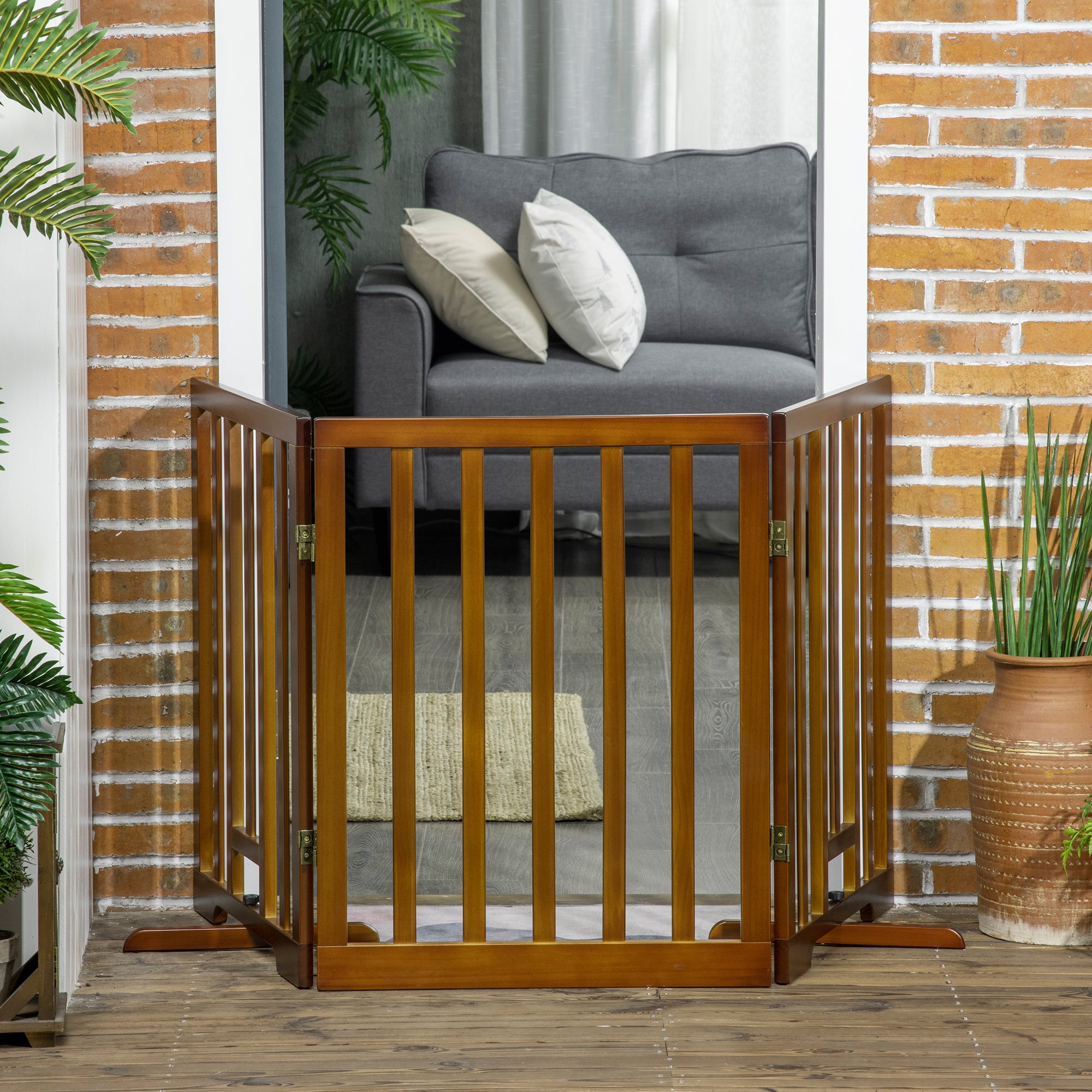 Foldable 3-Panel Dog Gate with Non-Slip Feet for Hallways, Stairs, and Rooms, Made of Pine Wood, 181x35x76 cm, Dark Brown