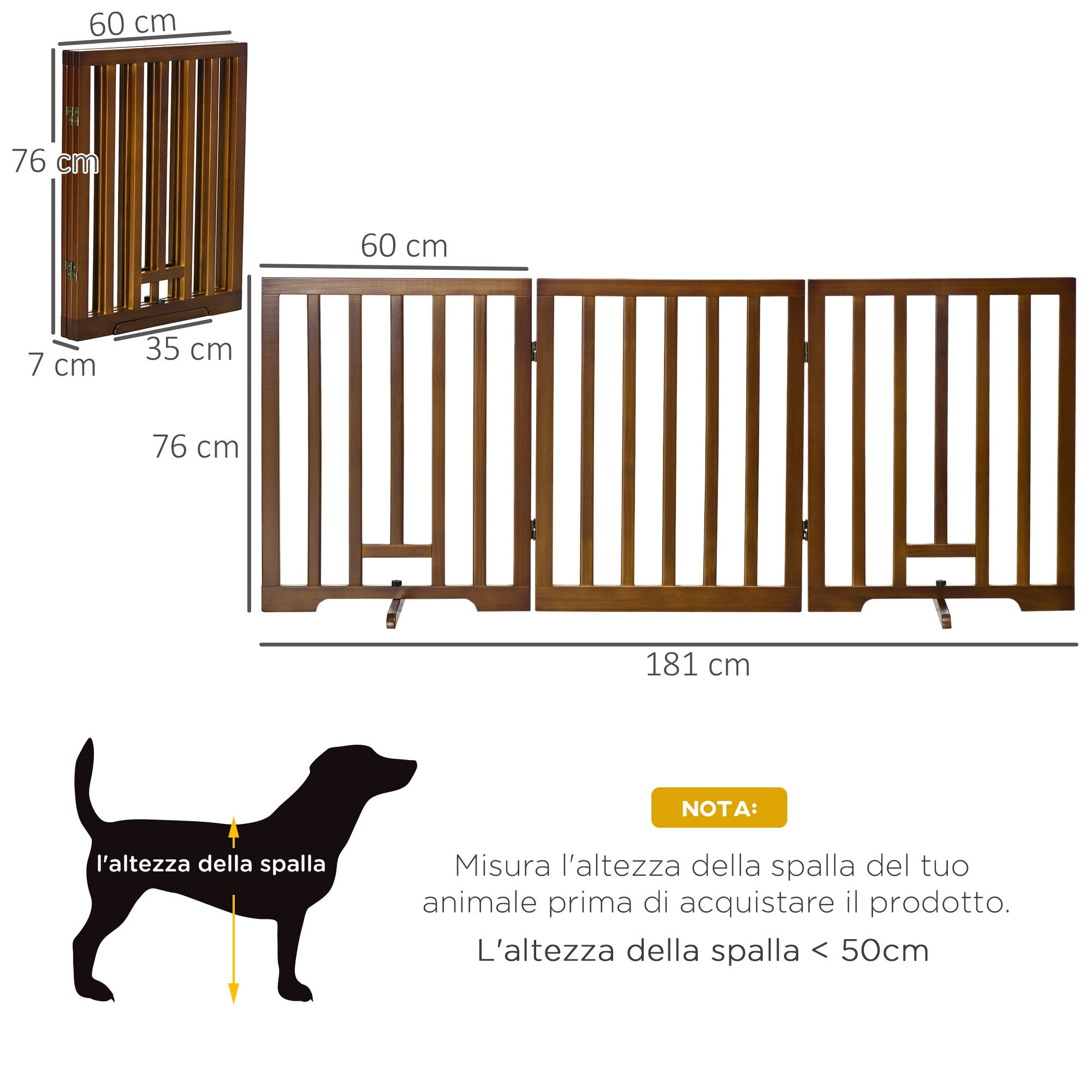 Foldable 3-Panel Dog Gate with Non-Slip Feet for Hallways, Stairs, and Rooms, Made of Pine Wood, 181x35x76 cm, Dark Brown