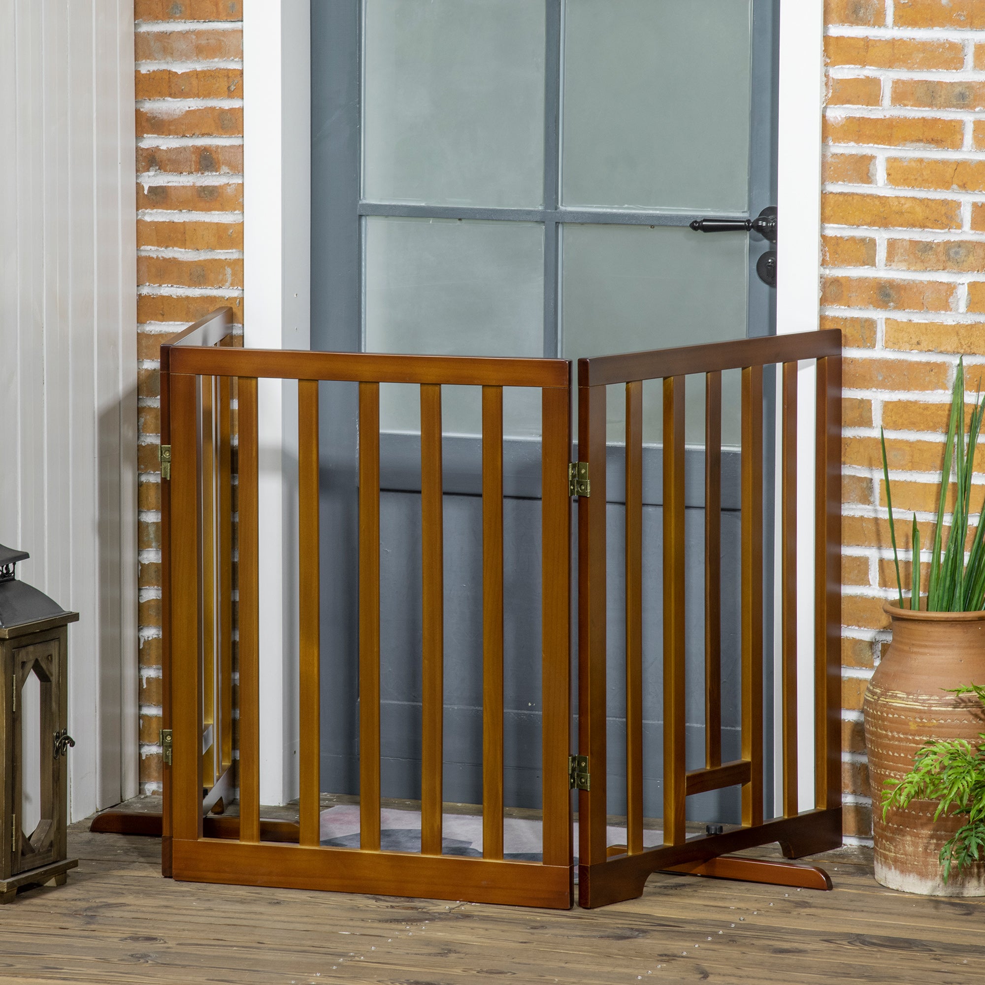 Foldable 3-Panel Dog Gate with Non-Slip Feet for Hallways, Stairs, and Rooms, Made of Pine Wood, 181x35x76 cm, Dark Brown