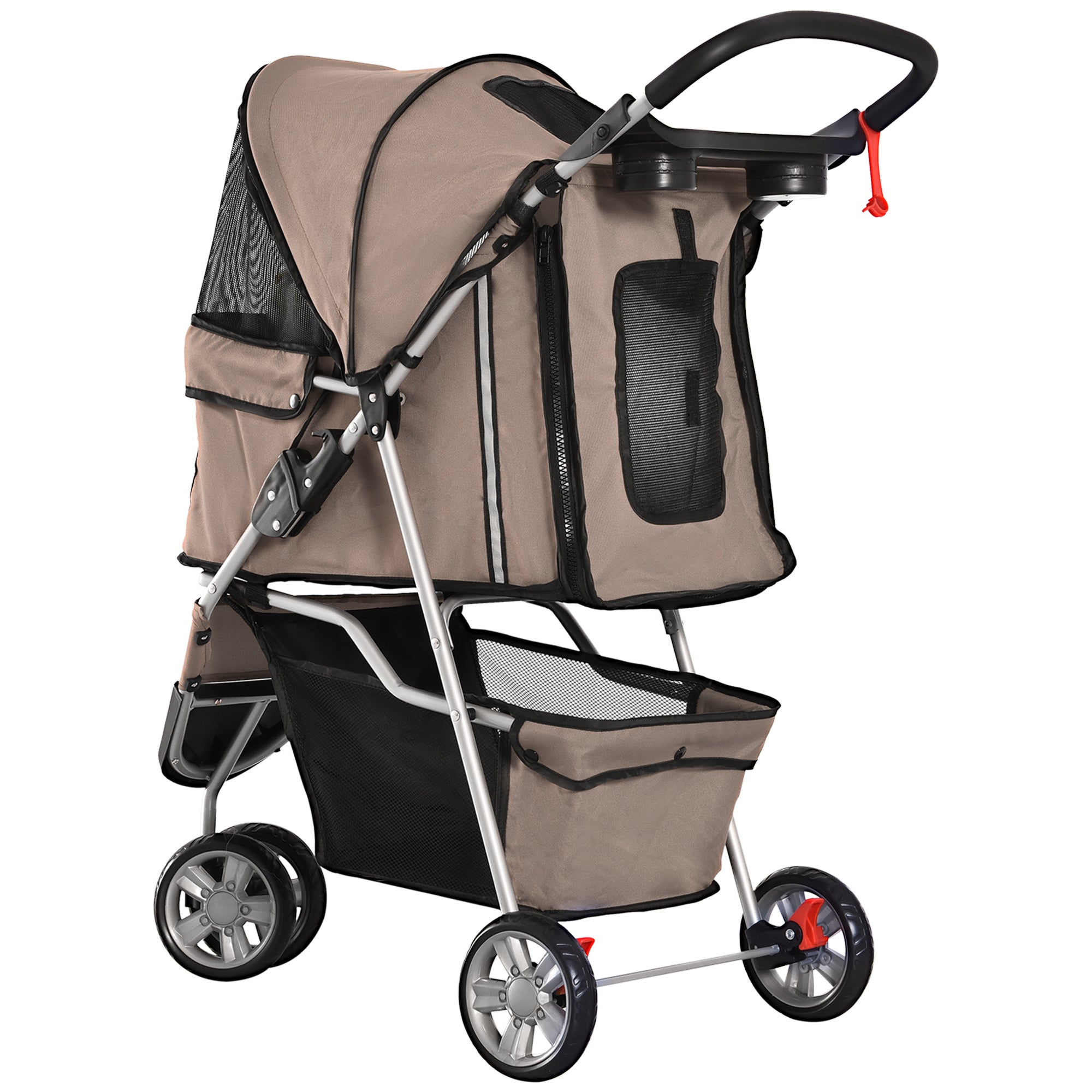 Dog Stroller Foldable for Dogs & Cats Cat Stroller with Cushion Mesh Windows Cup Holder Storage Bag Cat Carriage Buggy Coffee