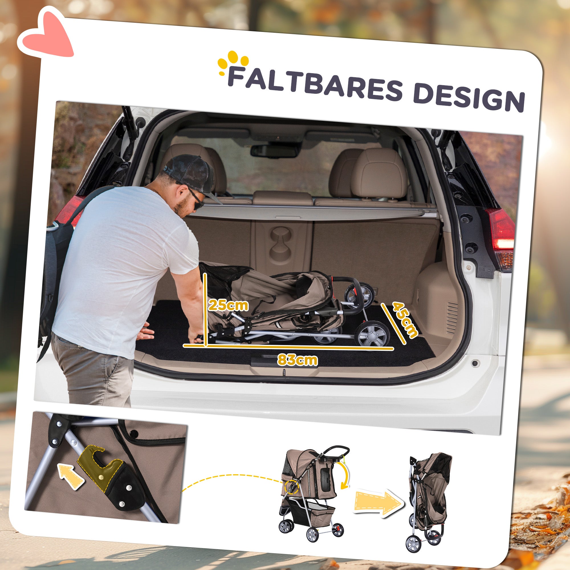 Dog Stroller Foldable for Dogs & Cats Cat Stroller with Cushion Mesh Windows Cup Holder Storage Bag Cat Carriage Buggy Coffee