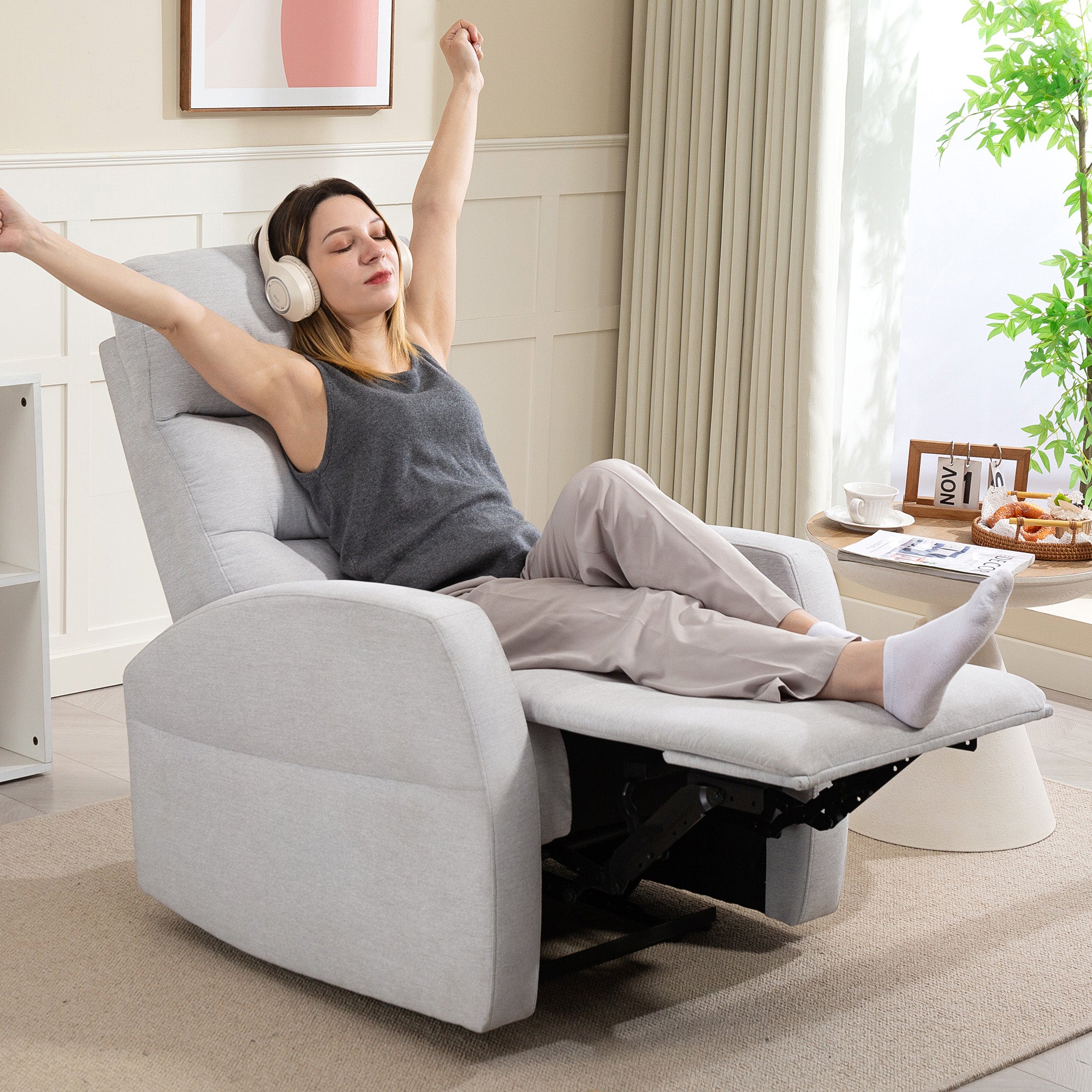 Recliner Chair, TV Chair with Reclining Function, Padded TV Chair with Footrest, Linen-Look Lounge Chair for Living Room, Bedroom up to 150 kg, Light Grey