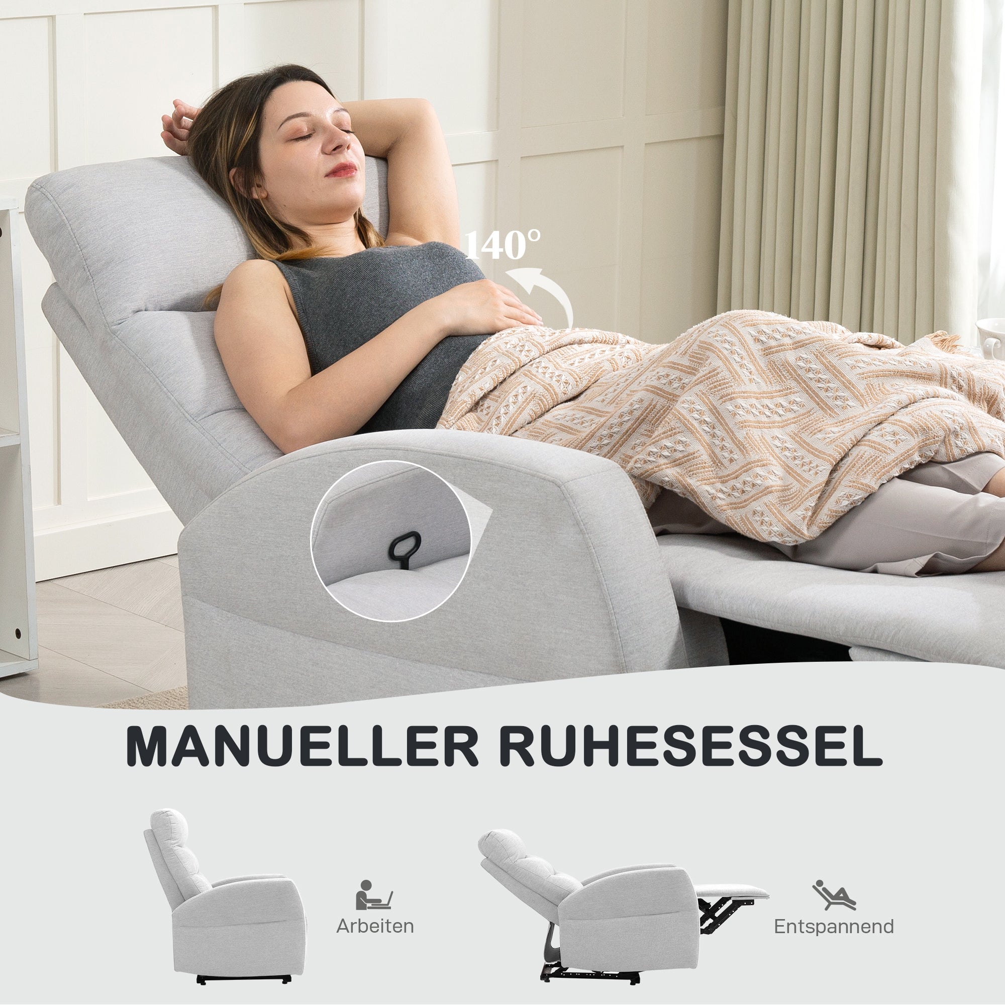 Recliner Chair, TV Chair with Reclining Function, Padded TV Chair with Footrest, Linen-Look Lounge Chair for Living Room, Bedroom up to 150 kg, Light Grey