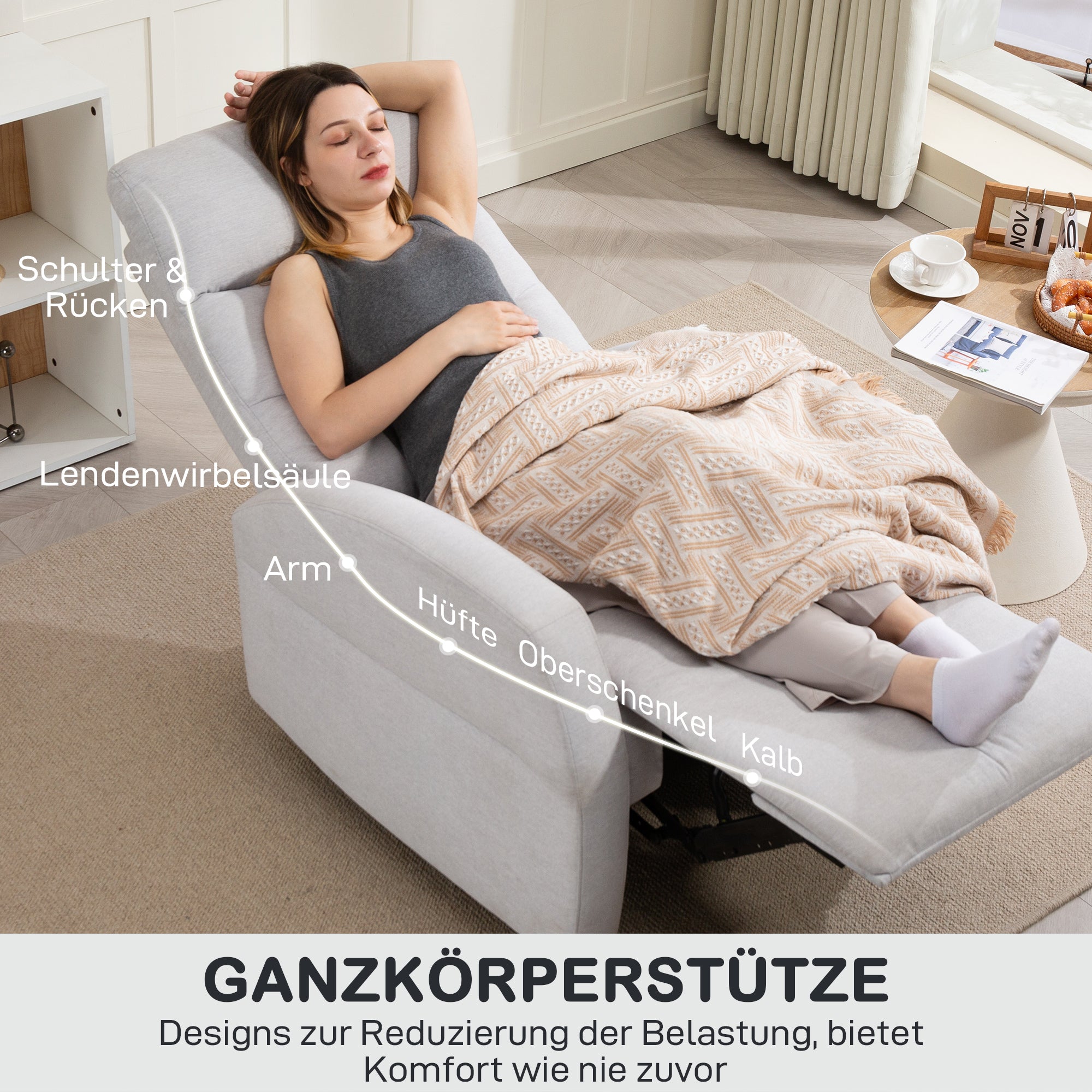 Recliner Chair, TV Chair with Reclining Function, Padded TV Chair with Footrest, Linen-Look Lounge Chair for Living Room, Bedroom up to 150 kg, Light Grey