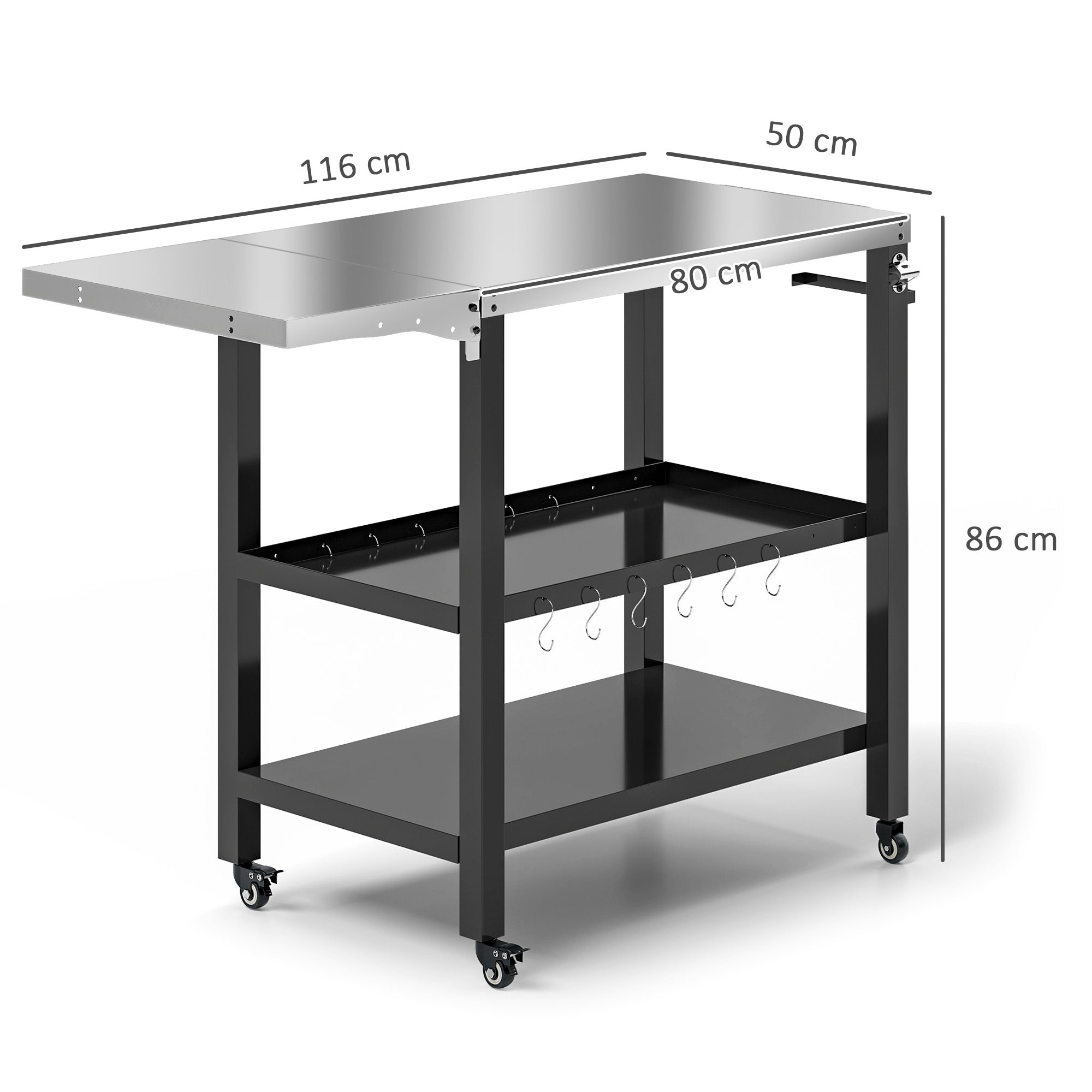 3-Level Grill Cart BBQ Trolley Service Cart with Wheels Stainless Steel Countertop Foldable Side Table and Handle Pizza Oven Table for Garden Patio Black