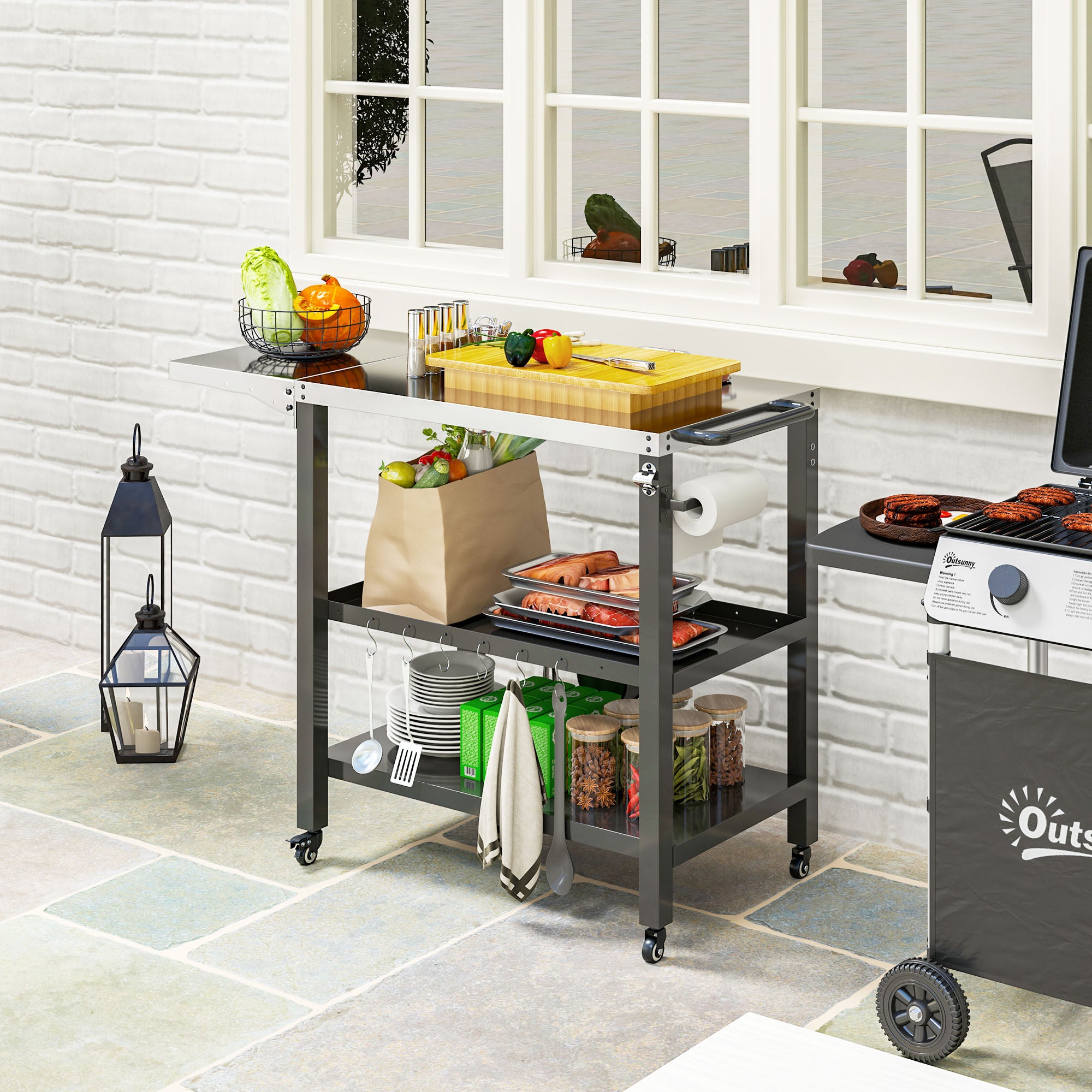 3-Level Grill Cart BBQ Trolley Service Cart with Wheels Stainless Steel Countertop Foldable Side Table and Handle Pizza Oven Table for Garden Patio Black