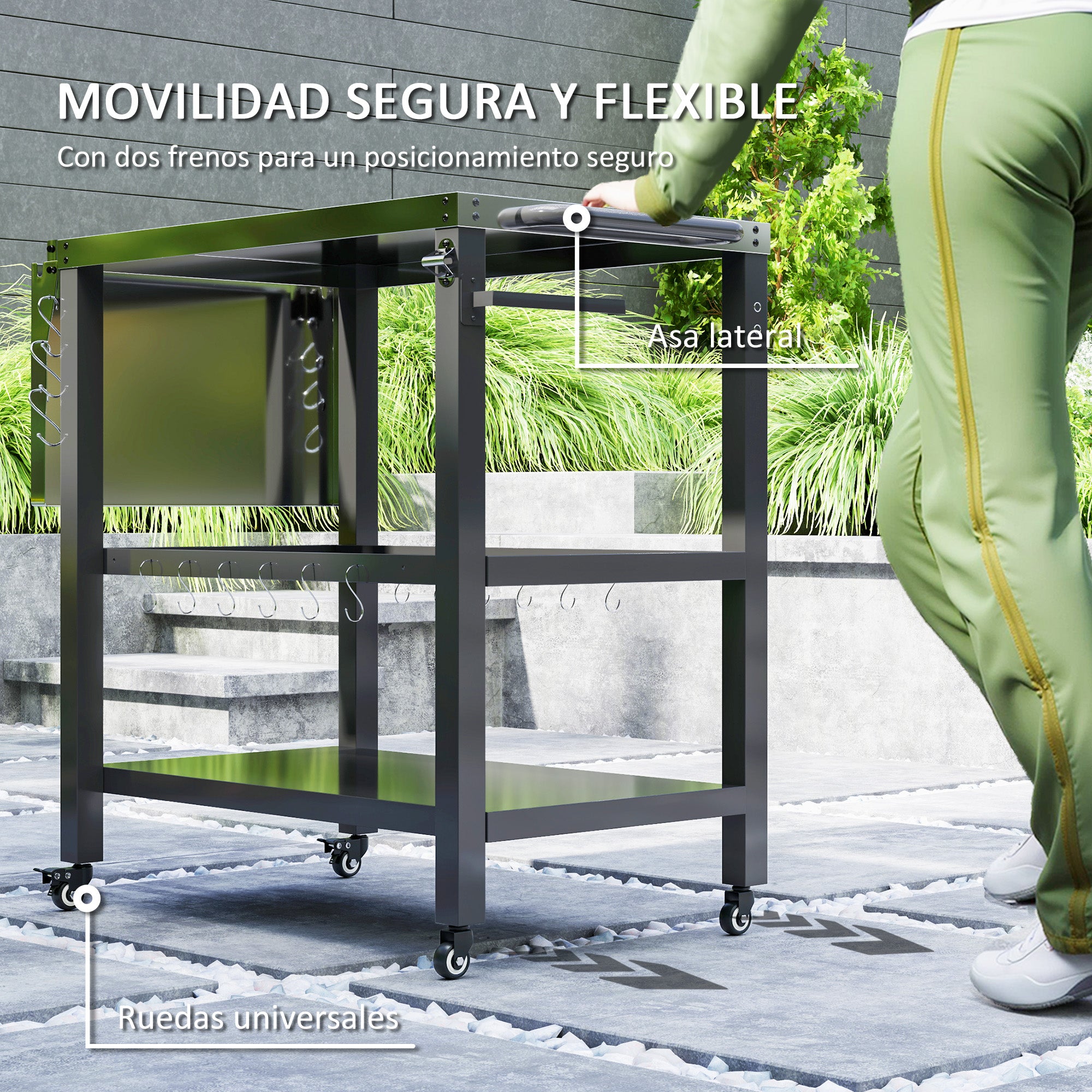 3-Level Grill Cart BBQ Trolley Service Cart with Wheels Stainless Steel Countertop Foldable Side Table and Handle Pizza Oven Table for Garden Patio Black