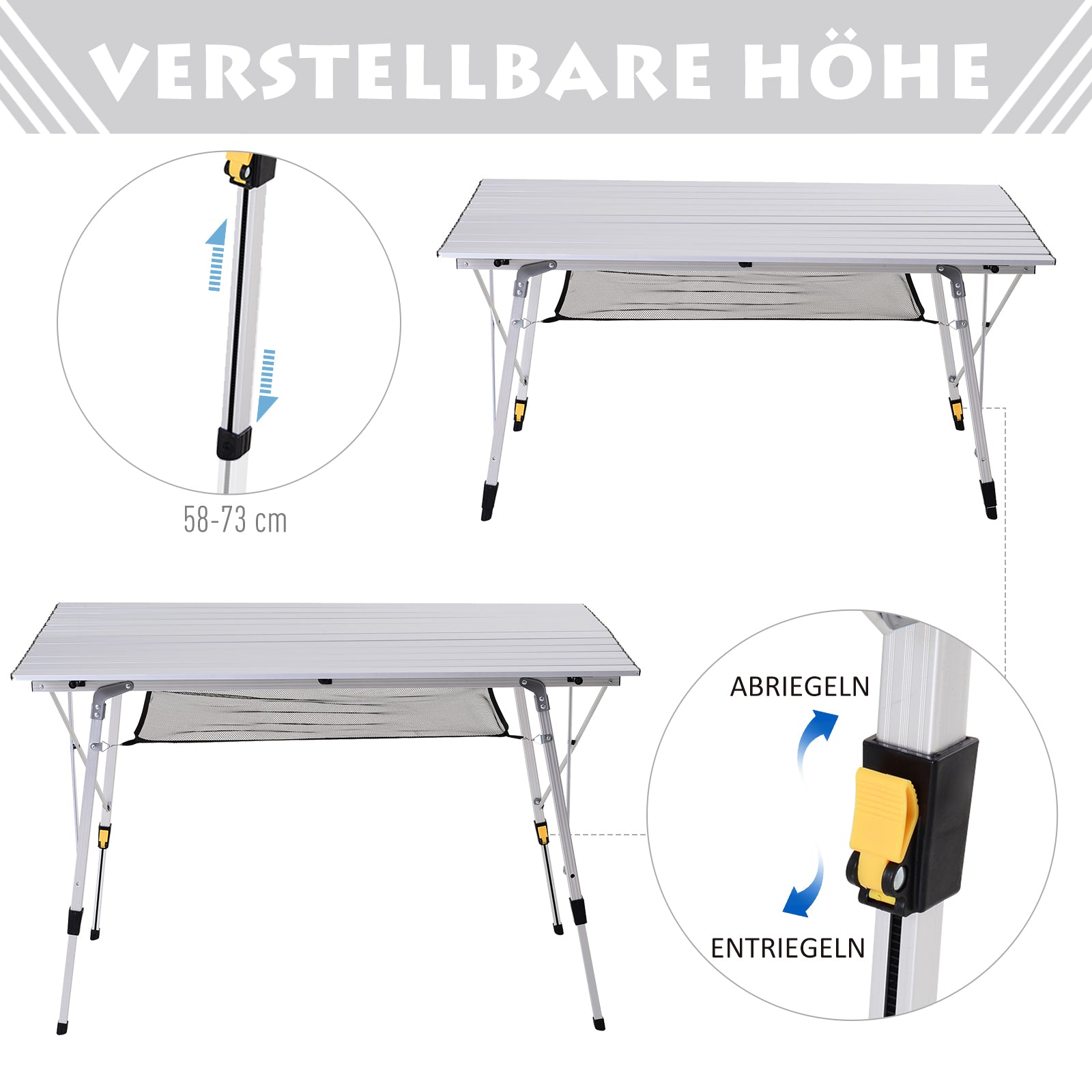 Picnic Folding Table, Foldable Camping Table with Adjustable Height, Includes Carrying Bag, Aluminum, Silver, 120 x 69 x 59-78 cm