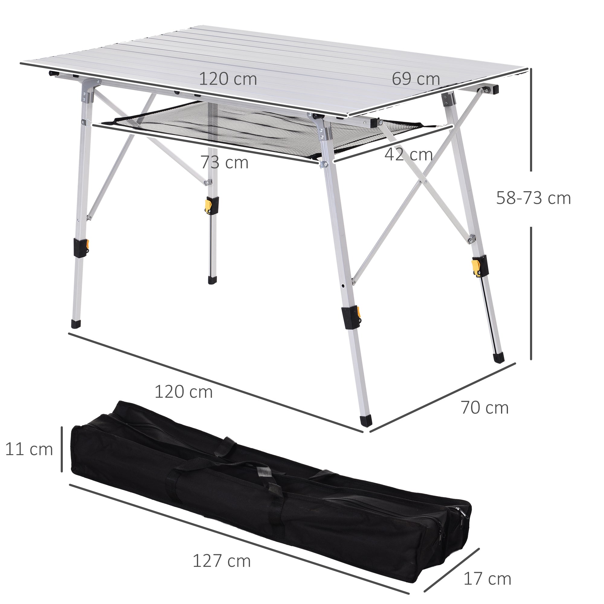 Picnic Folding Table, Foldable Camping Table with Adjustable Height, Includes Carrying Bag, Aluminum, Silver, 120 x 69 x 59-78 cm