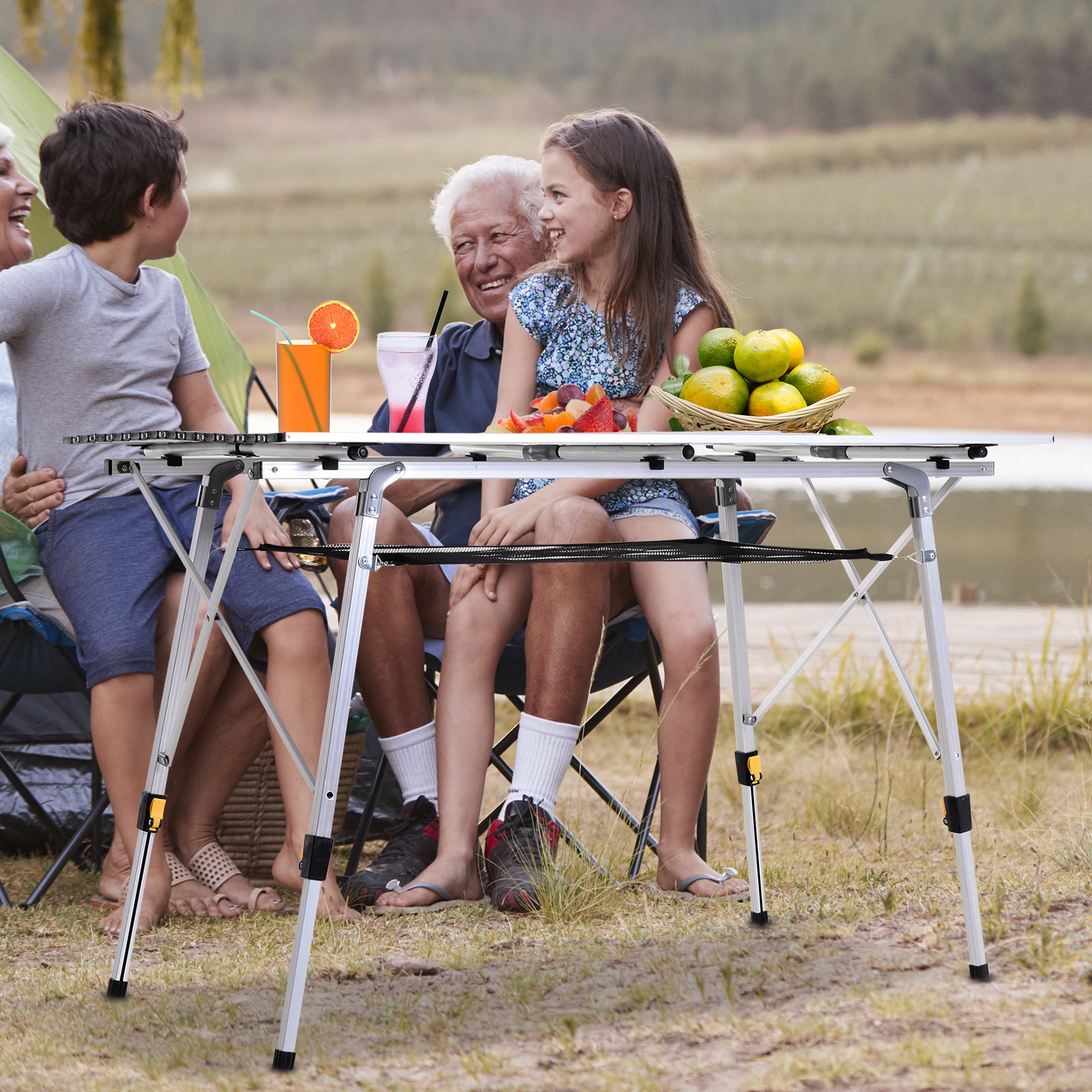 Picnic Folding Table, Foldable Camping Table with Adjustable Height, Includes Carrying Bag, Aluminum, Silver, 120 x 69 x 59-78 cm