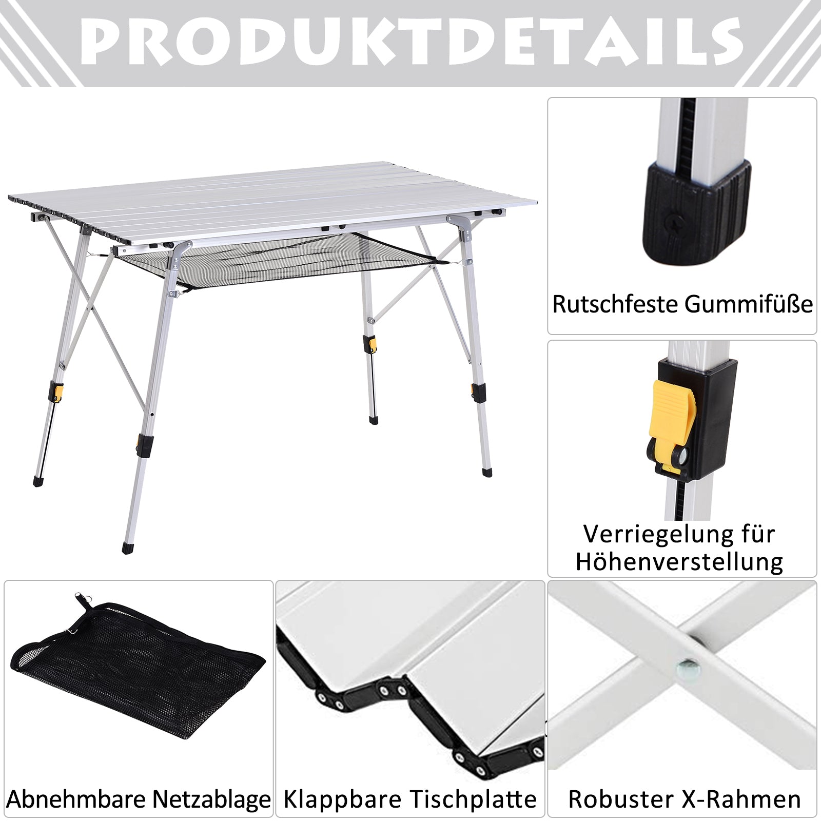 Picnic Folding Table, Foldable Camping Table with Adjustable Height, Includes Carrying Bag, Aluminum, Silver, 120 x 69 x 59-78 cm