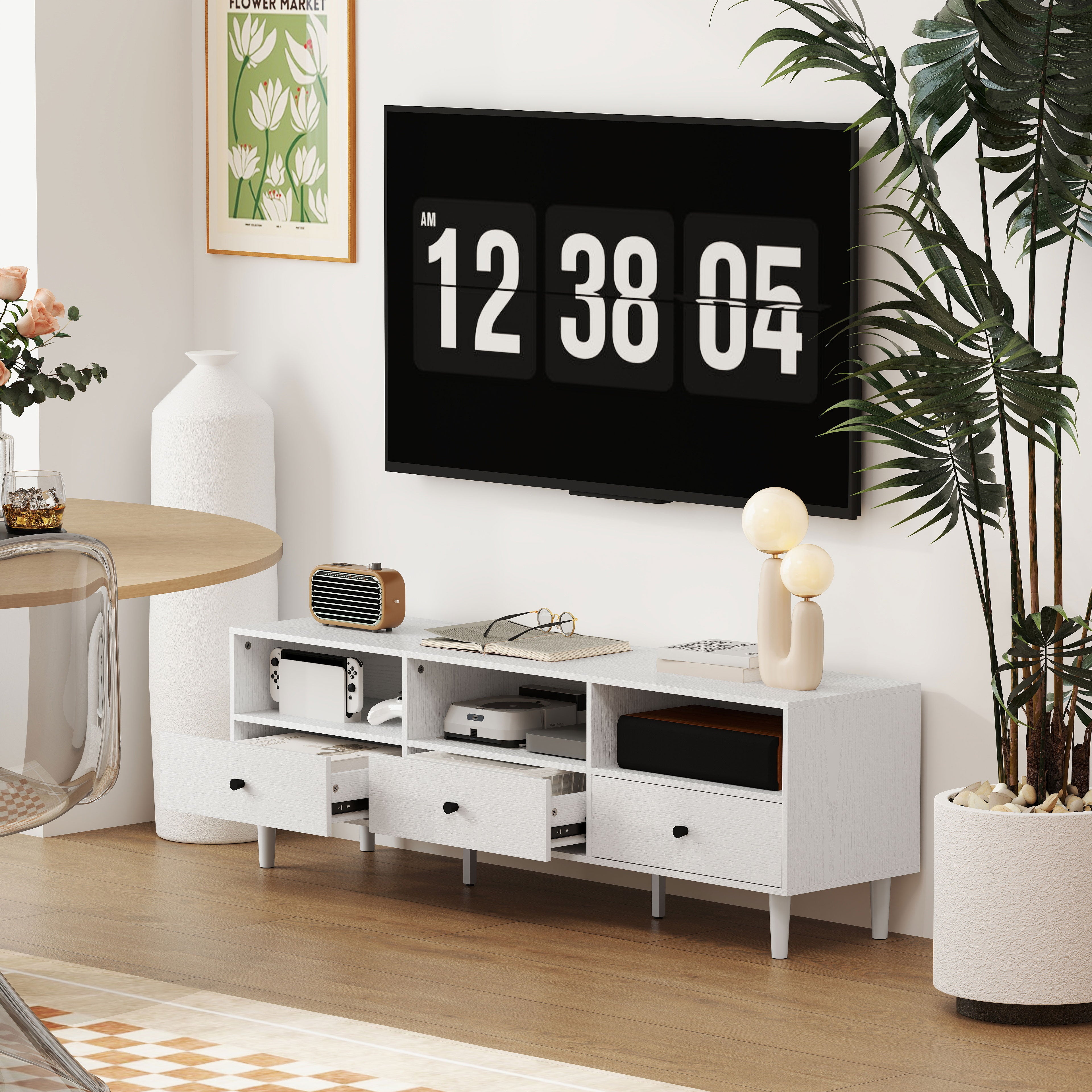 TV Stand TV Cabinet Wood TV Stand for TVs up to 75" with 3 Drawers, 3 Open Shelves, Cable Management, for Living Room Bedroom, 140 x 34 x 45 cm, White