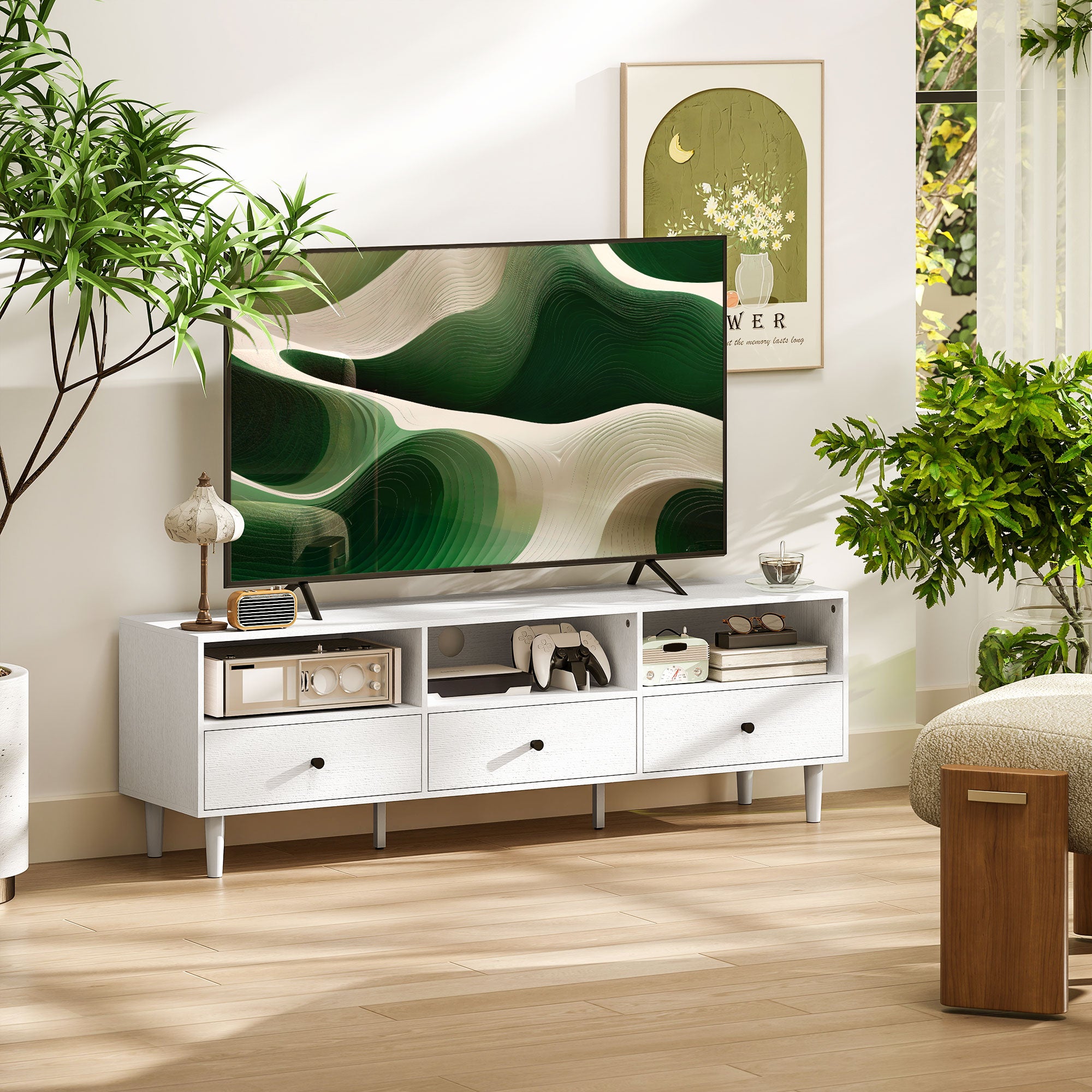 TV Stand TV Cabinet Wood TV Stand for TVs up to 75" with 3 Drawers, 3 Open Shelves, Cable Management, for Living Room Bedroom, 140 x 34 x 45 cm, White