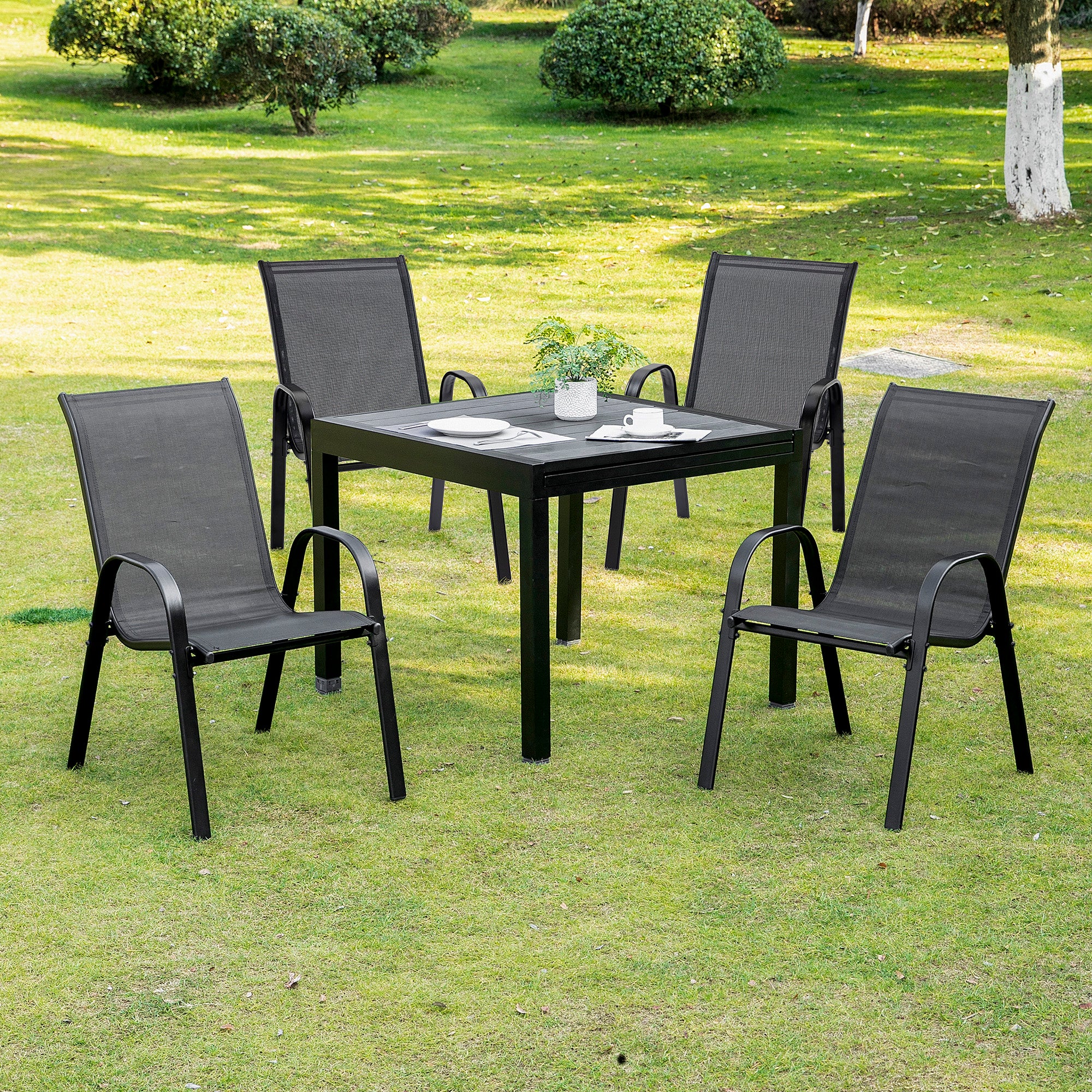 Set of 4 Metal and Breathable Fabric Garden Chairs, Outdoor Chairs for Balcony with Armrests, 70x54x90cm, Black