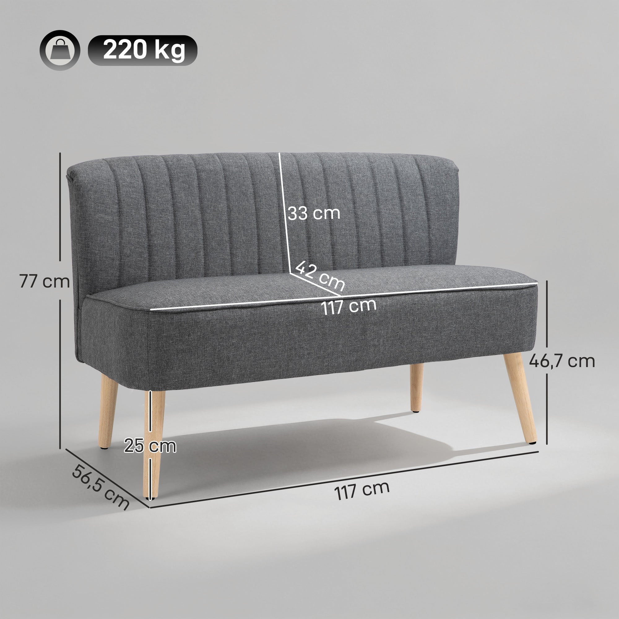 2-Seater Loveseat — Small Linen-Look Upholstered Sofa for Living Room, Bedroom, Small Spaces, Gray (46.1" x 22.2" x 30.3")