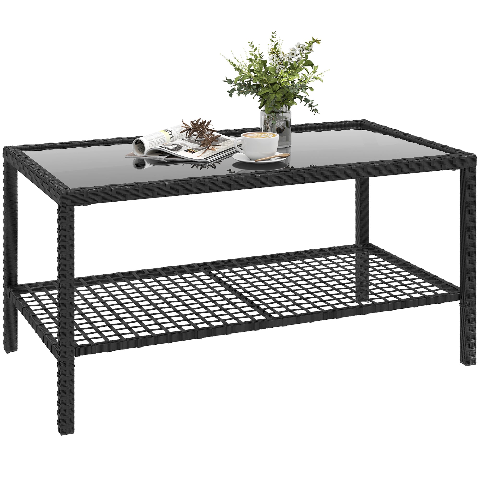Rattan Garden Side Table with Shelf, Tempered Glass Top & Steel Frame — 92 x 50 x 45 cm (36.2 x 19.7 x 17.7 in), Black