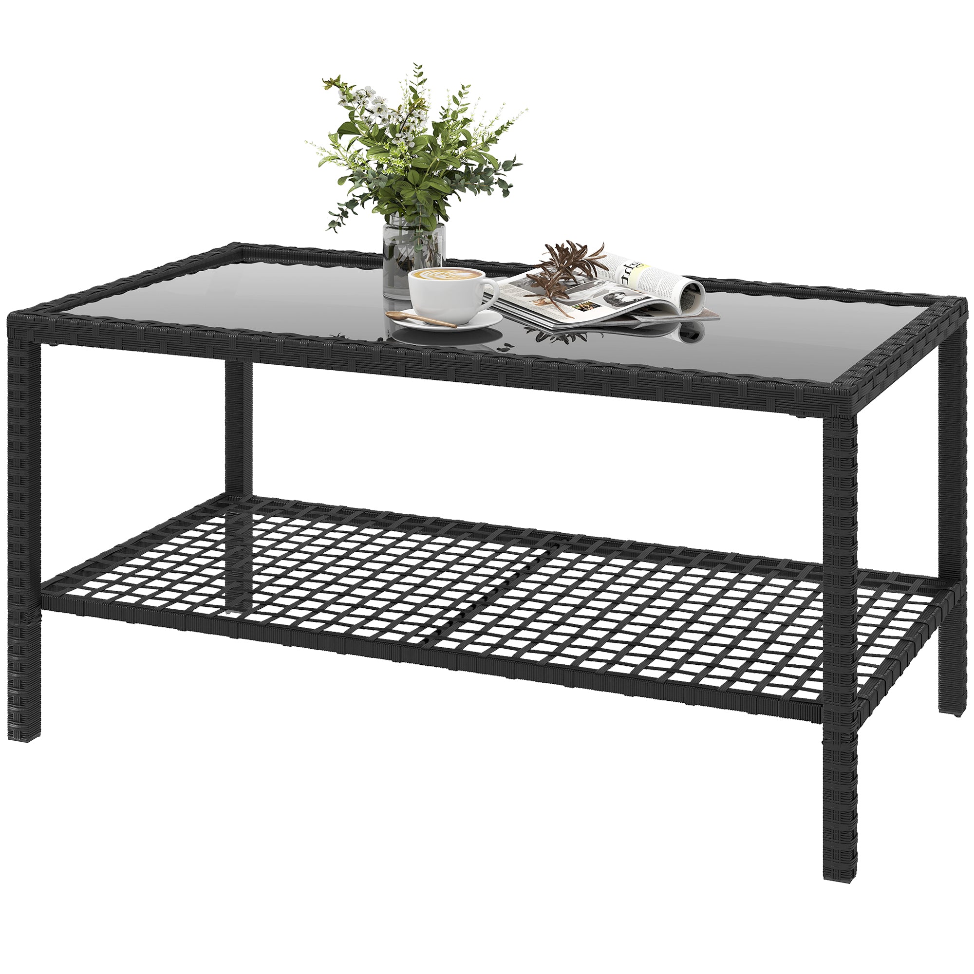 Rattan Garden Side Table with Shelf, Tempered Glass Top & Steel Frame — 92 x 50 x 45 cm (36.2 x 19.7 x 17.7 in), Black