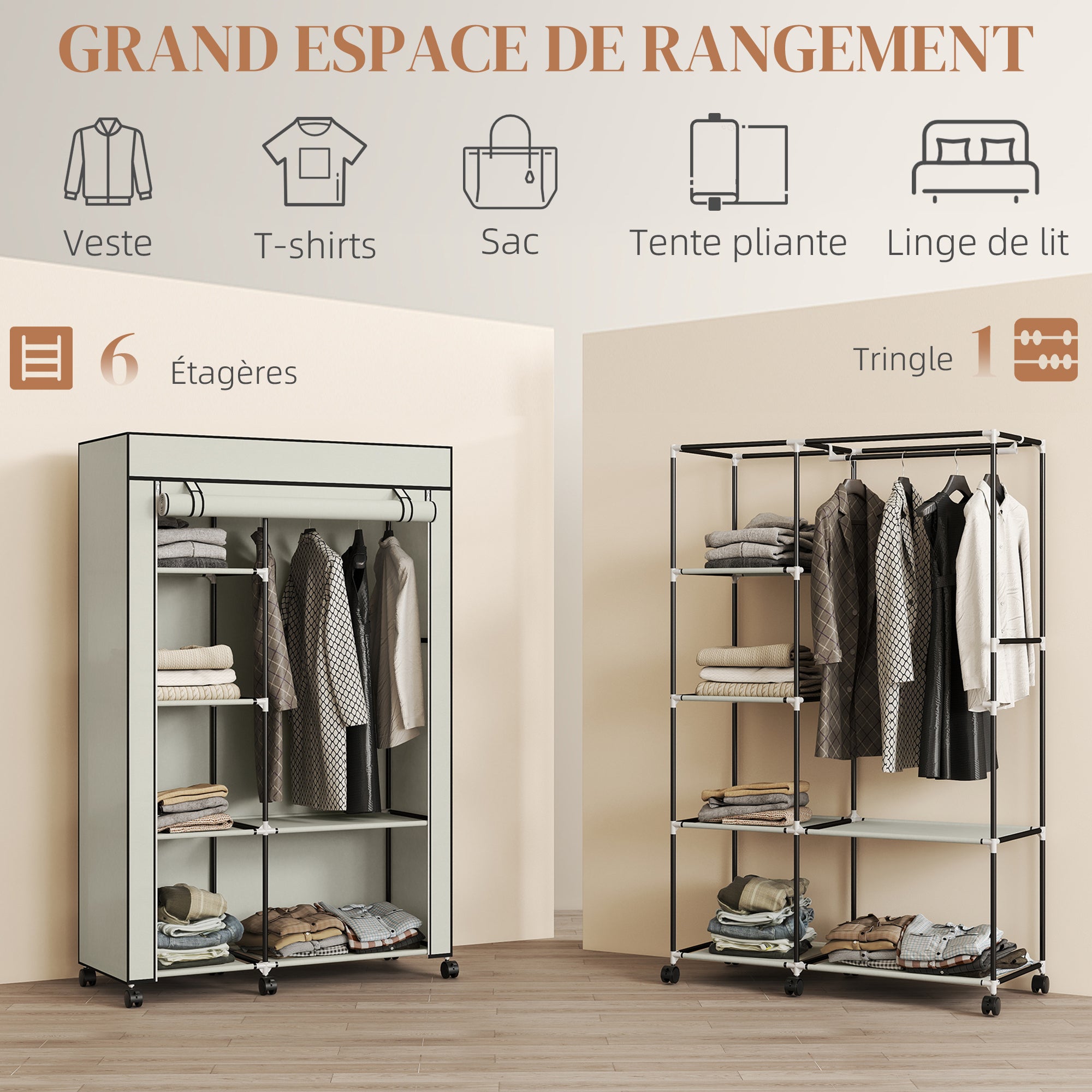 Fabric Wardrobe Organizer with Hanging Rail & Open Shelves, 40.6 x 16.9 x 64.0 in (103 x 43 x 162.5 cm) — Cream