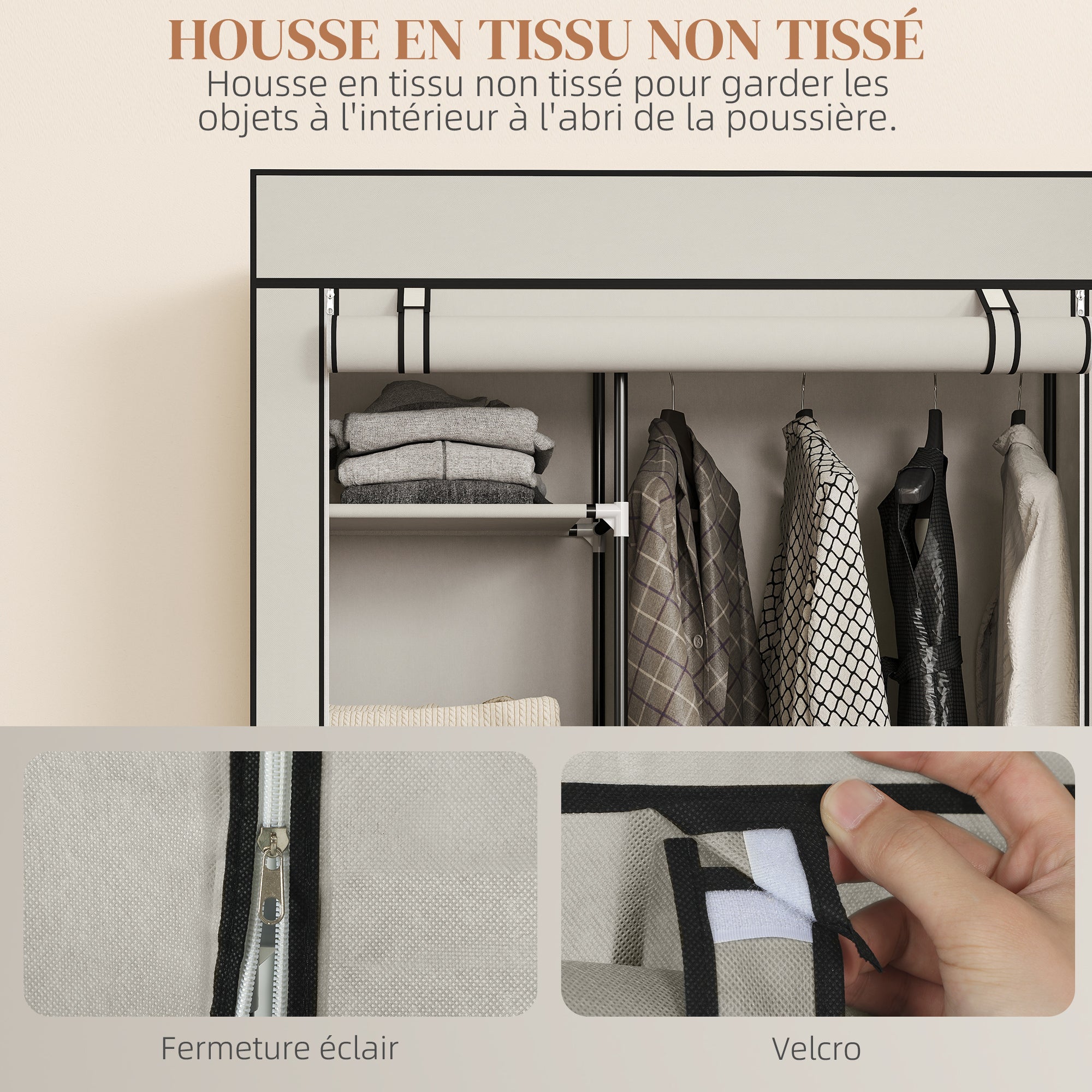 Fabric Wardrobe Organizer with Hanging Rail & Open Shelves, 40.6 x 16.9 x 64.0 in (103 x 43 x 162.5 cm) — Cream