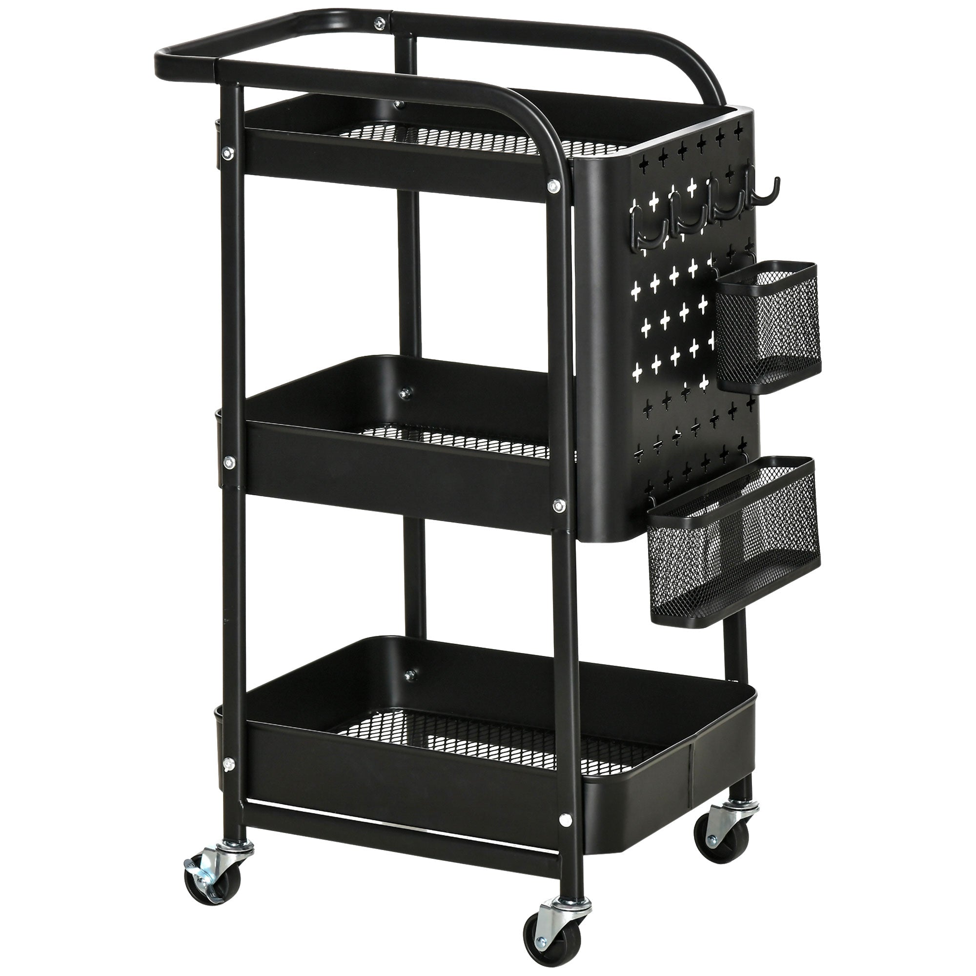 Serving Trolley with 3 Levels Kitchen Cart with Wheels Handle Trolley with Hooks and Basket, Kitchen Shelf, Utility Cart for Kitchen Office Bathroom, Black
