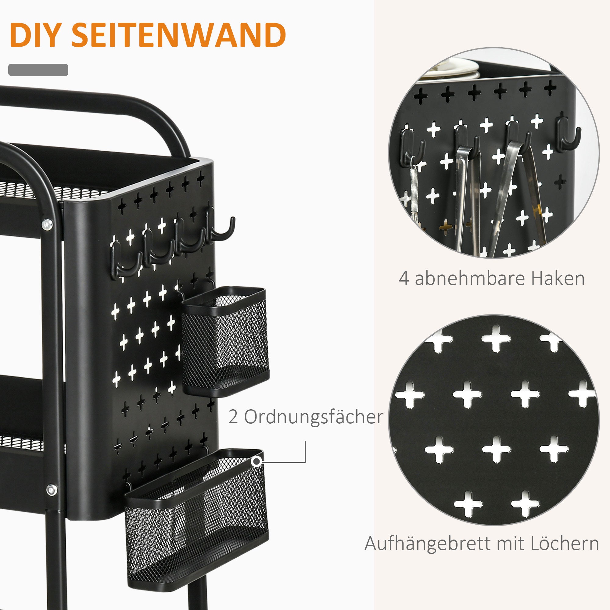 Serving Trolley with 3 Levels Kitchen Cart with Wheels Handle Trolley with Hooks and Basket, Kitchen Shelf, Utility Cart for Kitchen Office Bathroom, Black