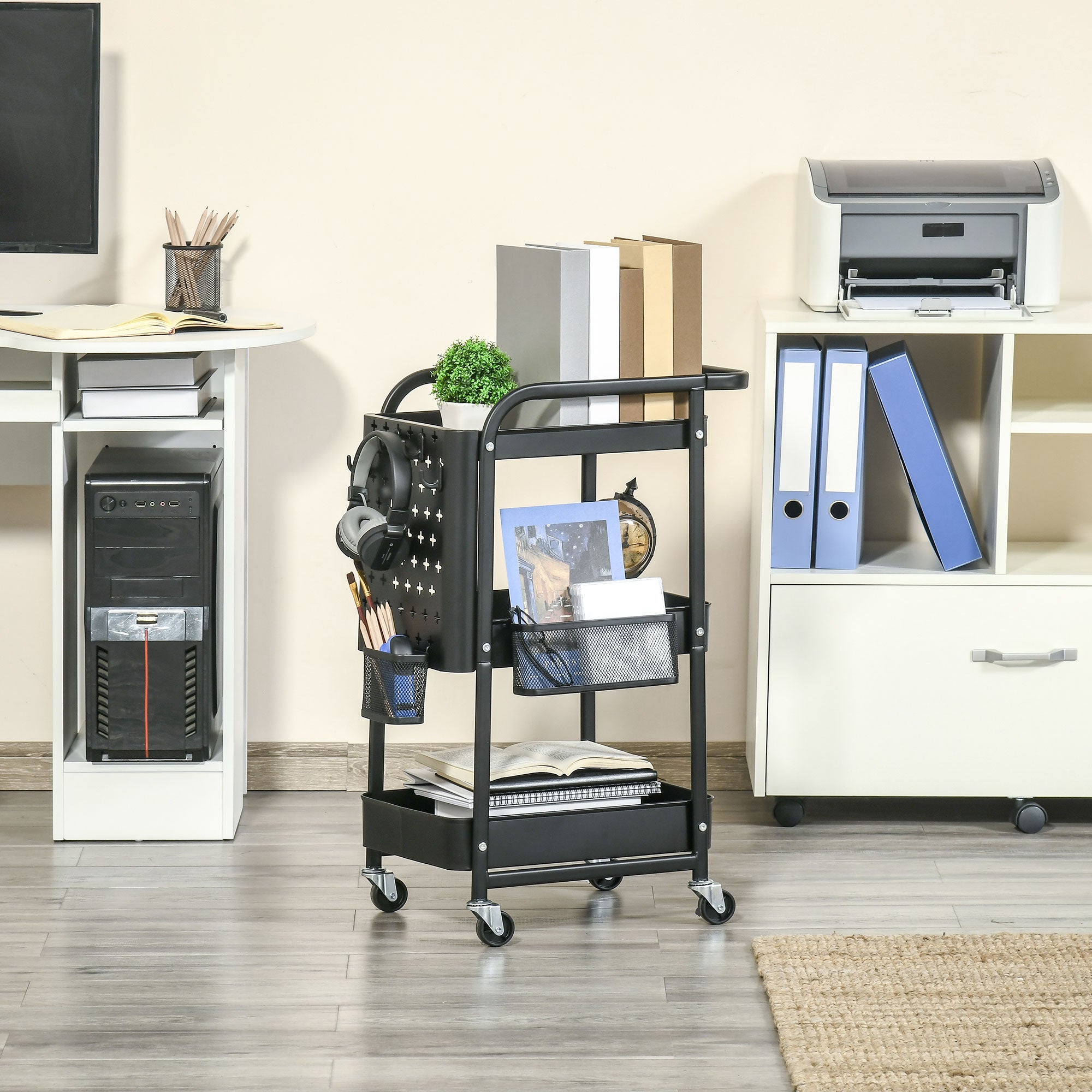 Serving Trolley with 3 Levels Kitchen Cart with Wheels Handle Trolley with Hooks and Basket, Kitchen Shelf, Utility Cart for Kitchen Office Bathroom, Black