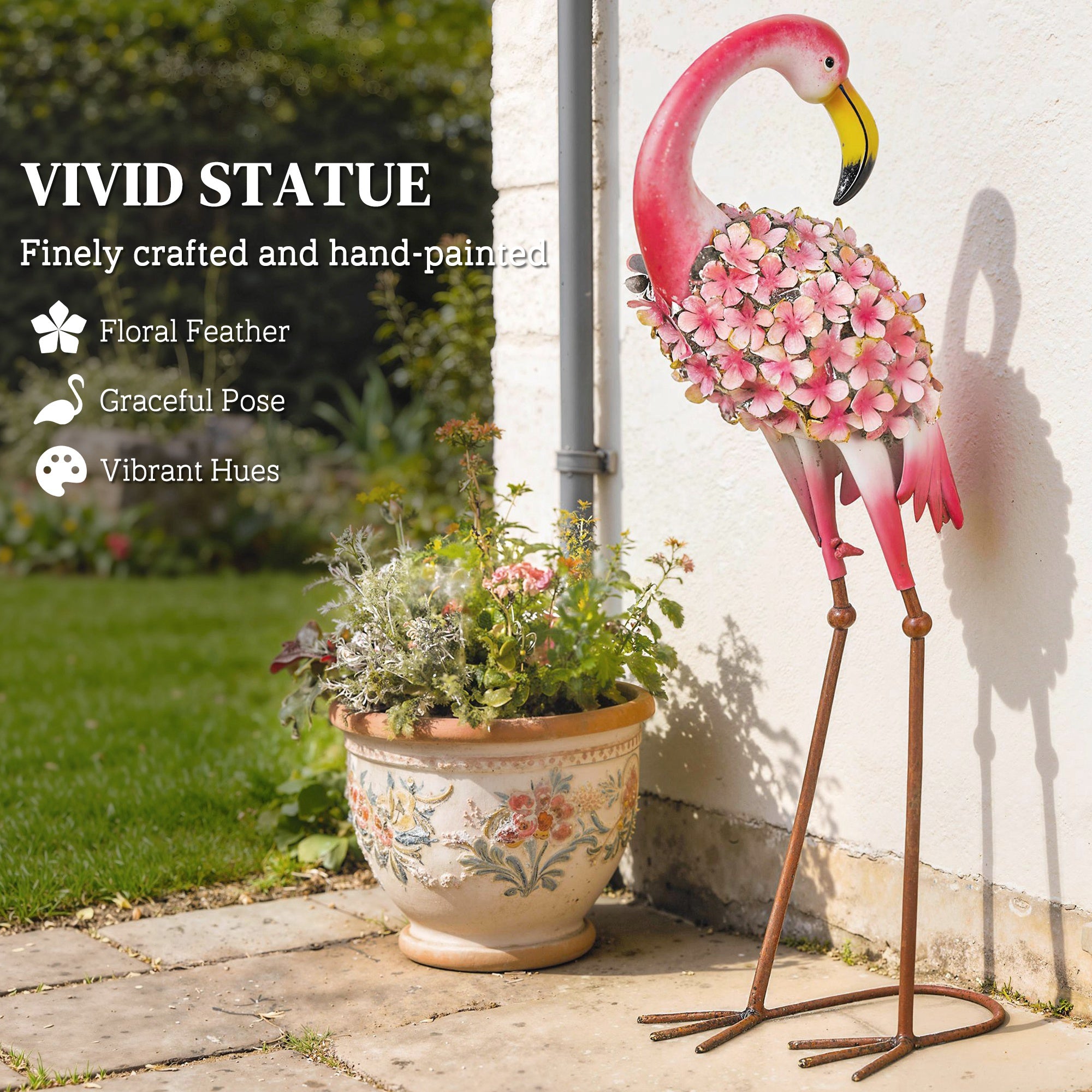 Flamingo Garden Statues Set of 2 — Metal Floral-Feather Birds with U-Stakes, Lawn & Pond Decorations, Red