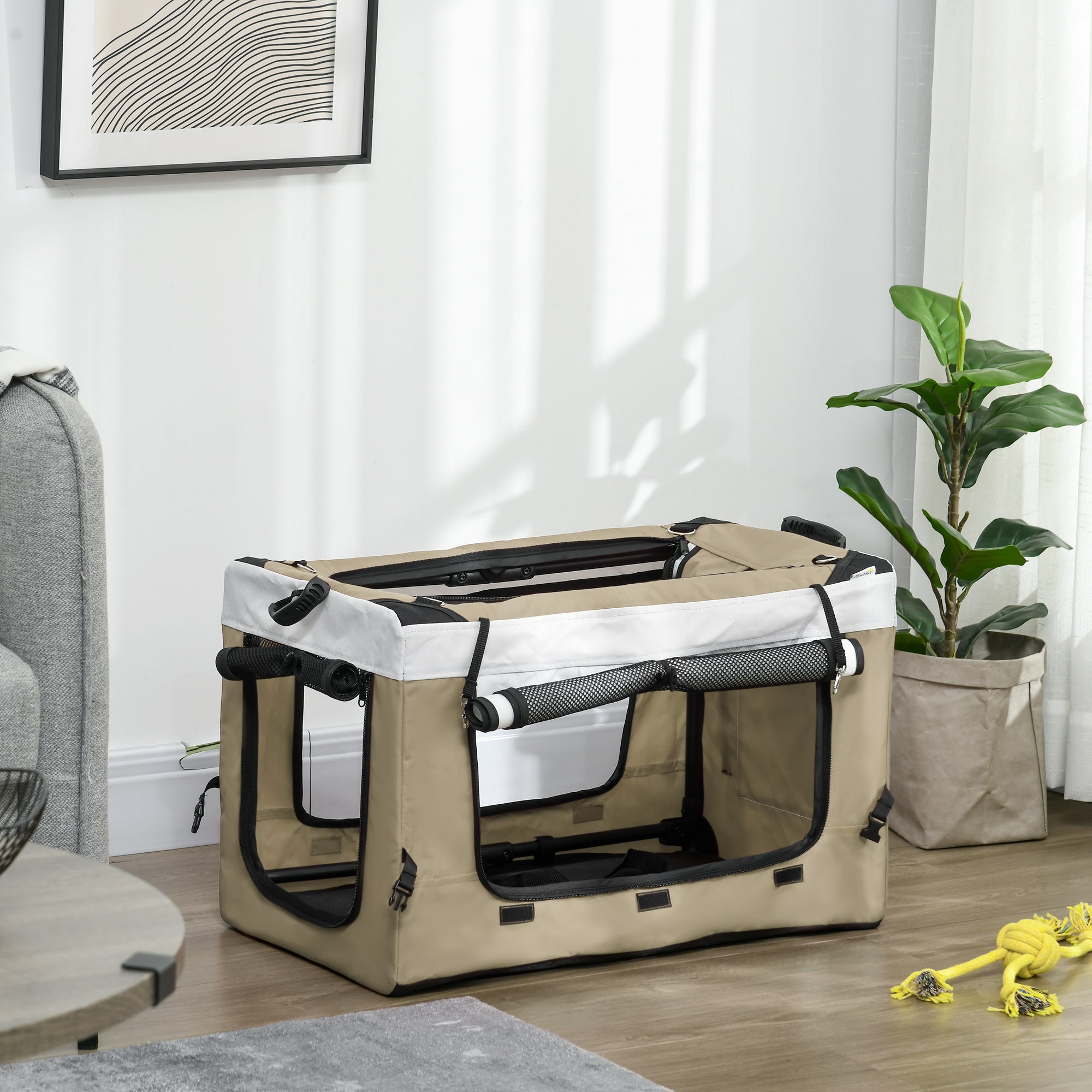 2 in 1 Dog Stroller Pet Stroller Foldable for Dogs & Cats up to 10 kg Cat Stroller with Cushion Mesh Windows Doors Storage Basket Cat Carriage Buggy Khaki