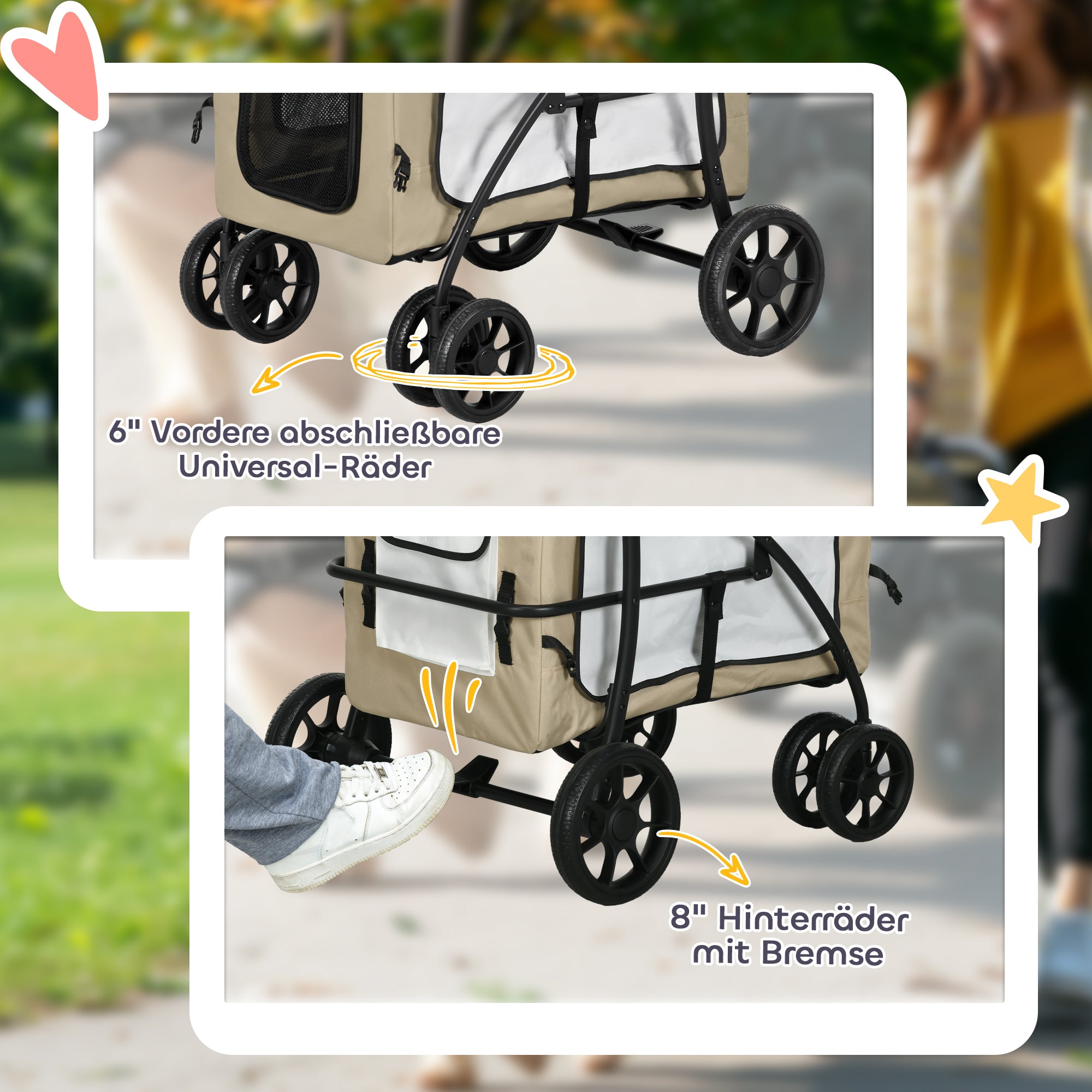 2 in 1 Dog Stroller Pet Stroller Foldable for Dogs & Cats up to 10 kg Cat Stroller with Cushion Mesh Windows Doors Storage Basket Cat Carriage Buggy Khaki