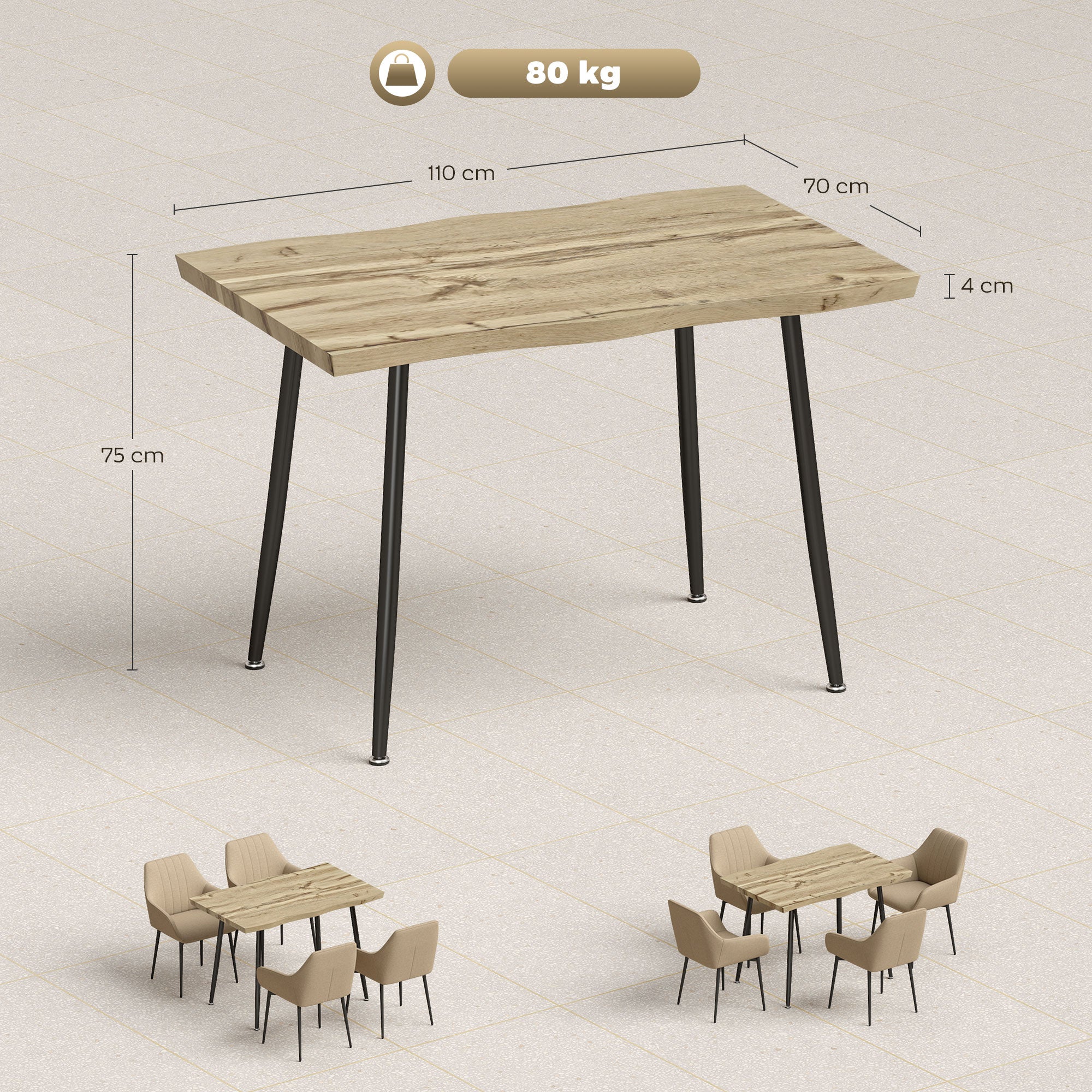 Dining Table for 4, 110 x 70 x 75 cm (43.3 x 27.6 x 29.5 in) Nordic Modern Kitchen Table with Steel Frame, Oak-Effect Top