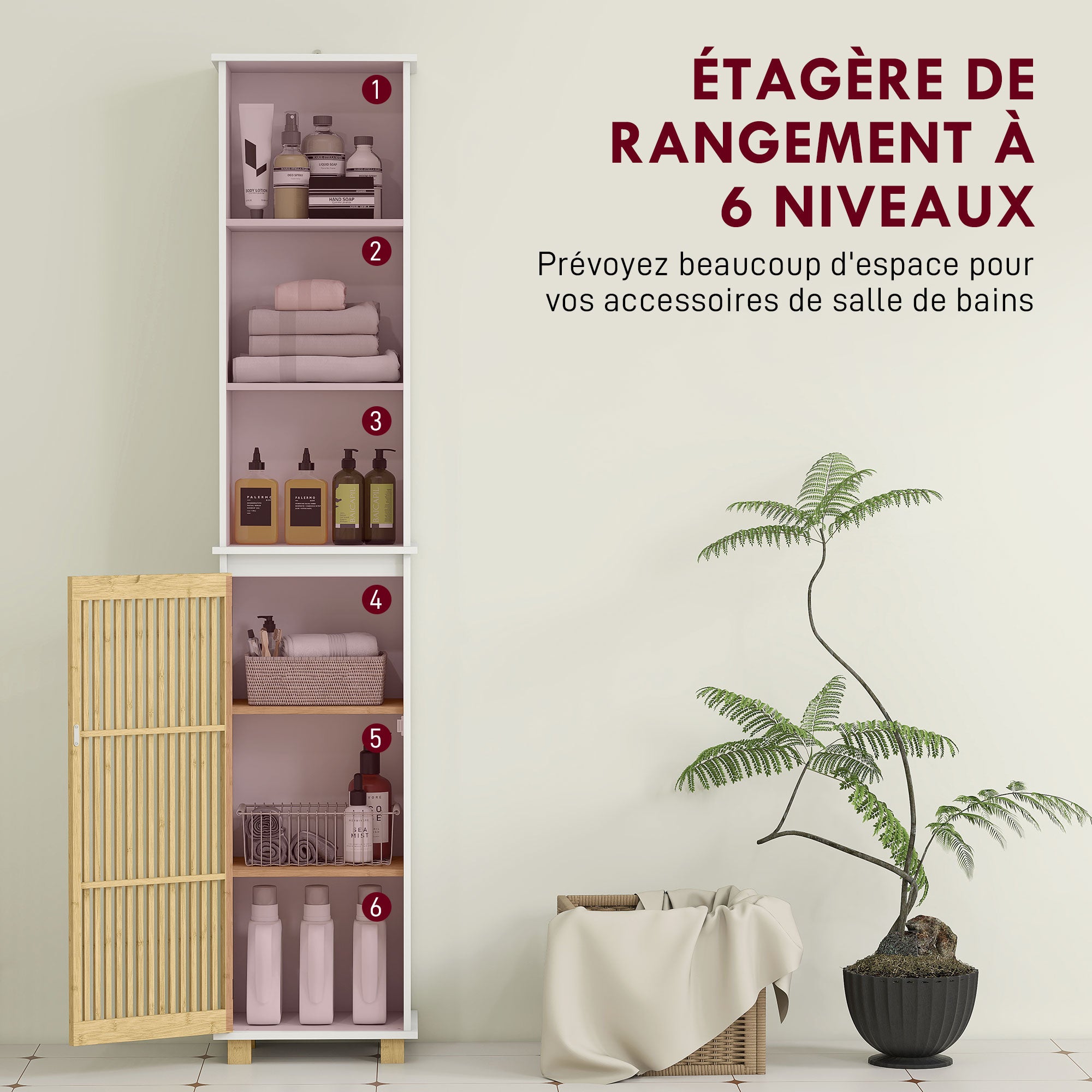 Bathroom Column, Bathroom Storage Furniture, Storage Cabinet with Bamboo Slatted Door and Open Compartments, Tall Cabinet for Living Room, Kitchen - 35 x 26 x 173 cm, white