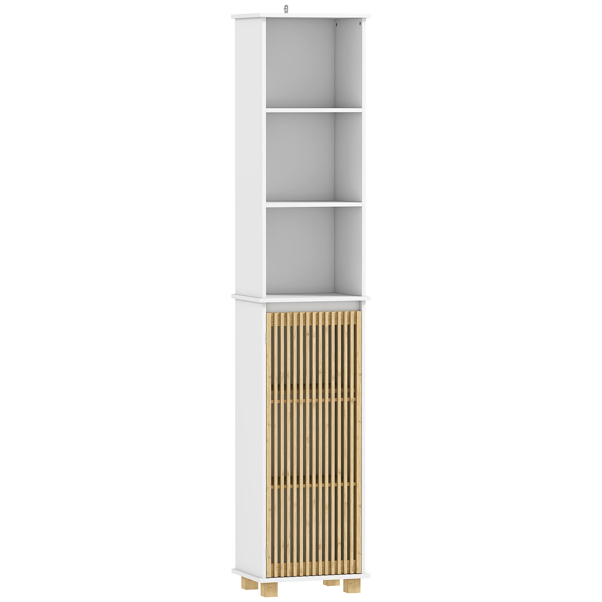 Bathroom Column, Bathroom Storage Furniture, Storage Cabinet with Bamboo Slatted Door and Open Compartments, Tall Cabinet for Living Room, Kitchen - 35 x 26 x 173 cm, white