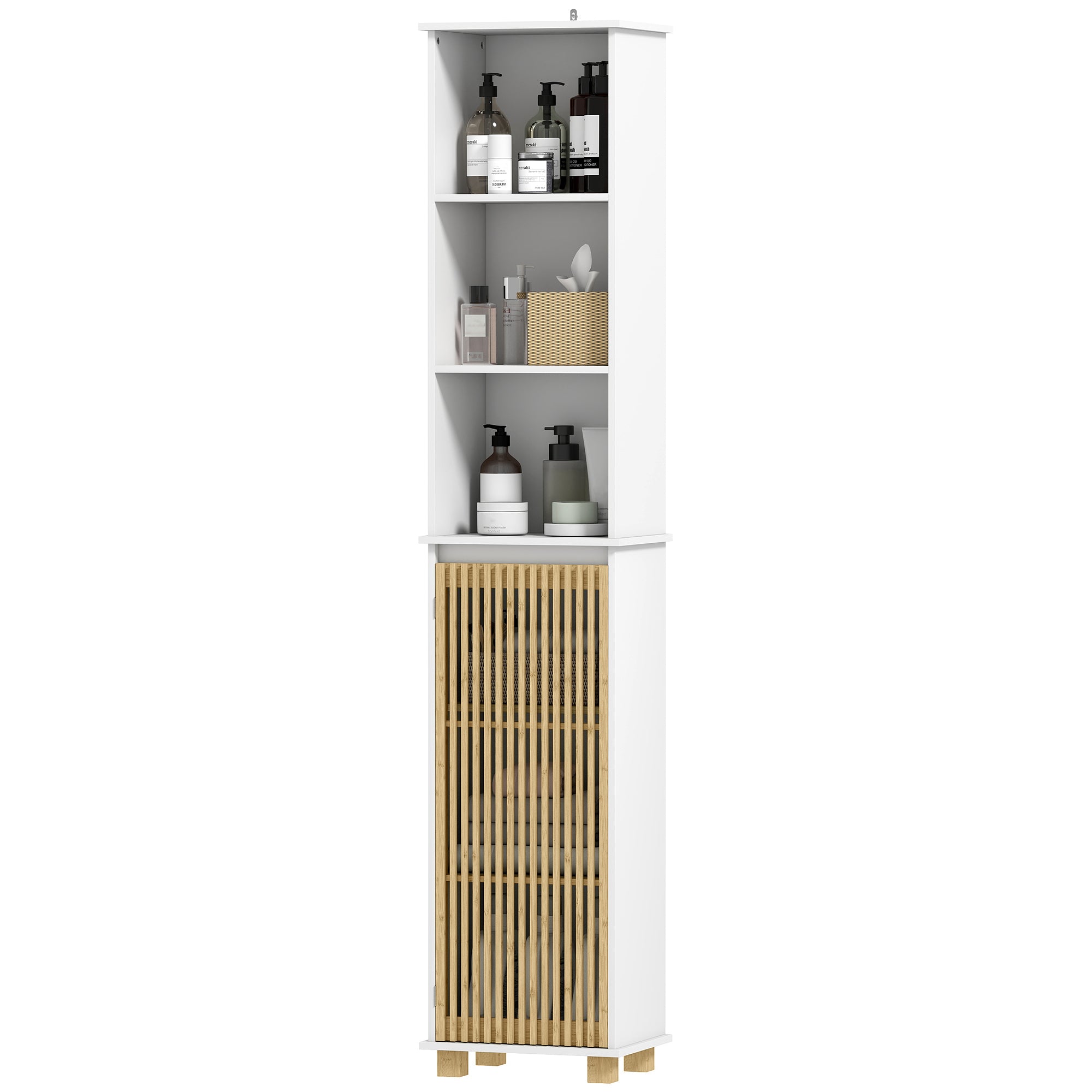 Bathroom Column, Bathroom Storage Furniture, Storage Cabinet with Bamboo Slatted Door and Open Compartments, Tall Cabinet for Living Room, Kitchen - 35 x 26 x 173 cm, white