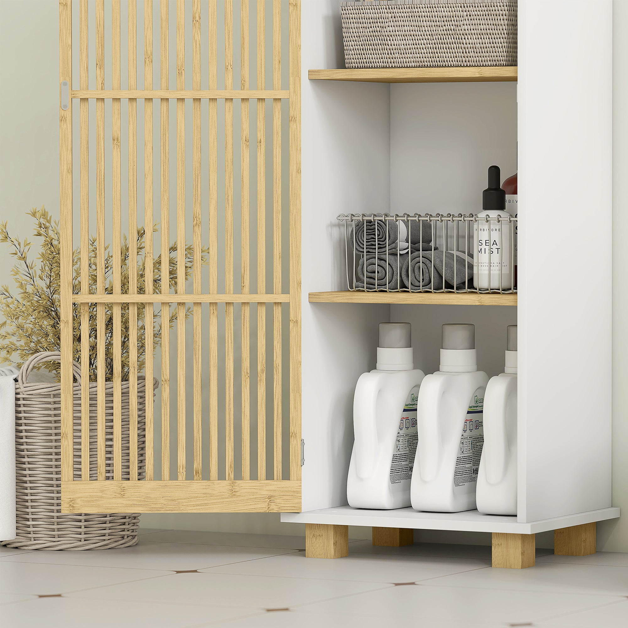 Bathroom Column, Bathroom Storage Furniture, Storage Cabinet with Bamboo Slatted Door and Open Compartments, Tall Cabinet for Living Room, Kitchen - 35 x 26 x 173 cm, white