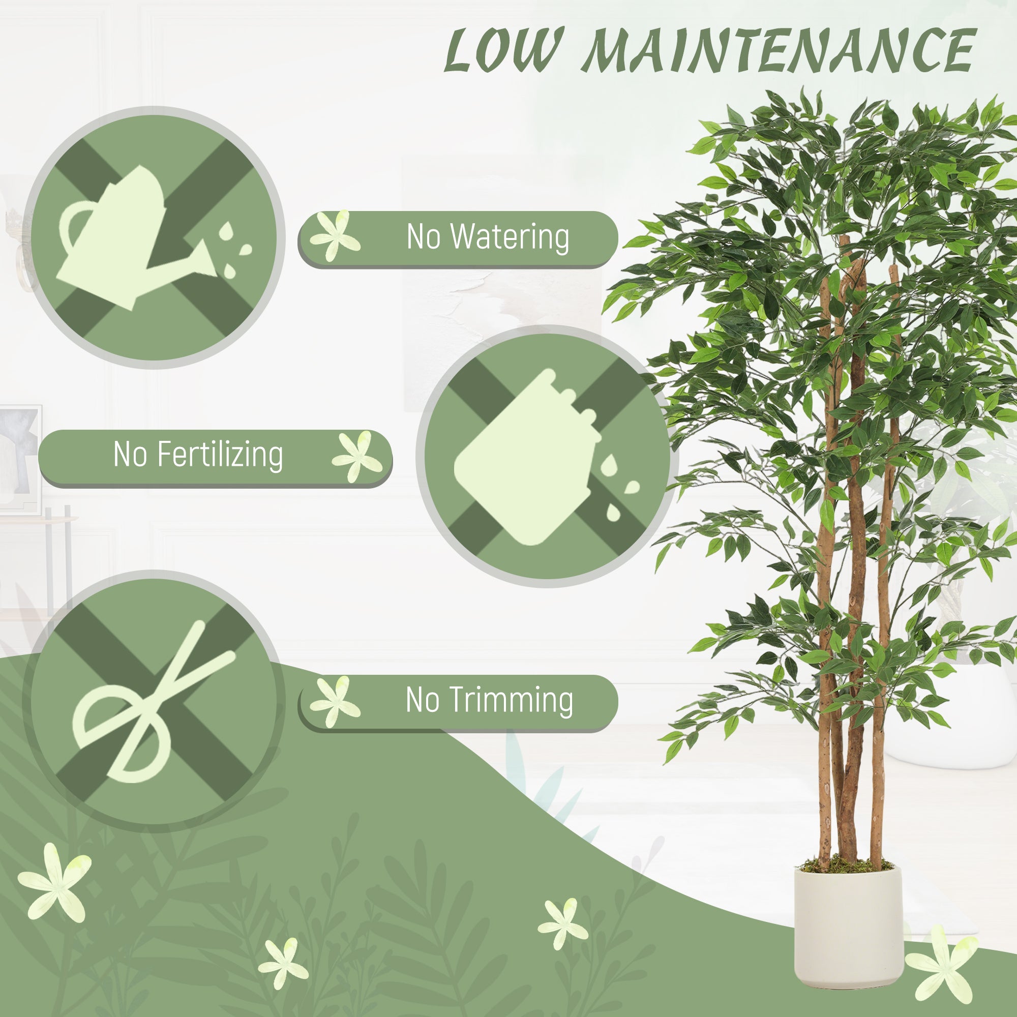 180 cm (5'11") Artificial Banyan Tree with Solid Wood Trunk & White Planter — Realistic Indoor Decor for Living Room, Bedroom & Office