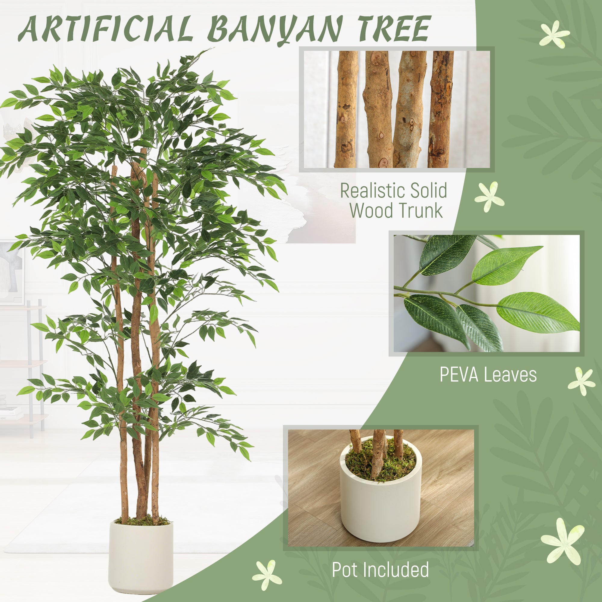 180 cm (5'11") Artificial Banyan Tree with Solid Wood Trunk & White Planter — Realistic Indoor Decor for Living Room, Bedroom & Office