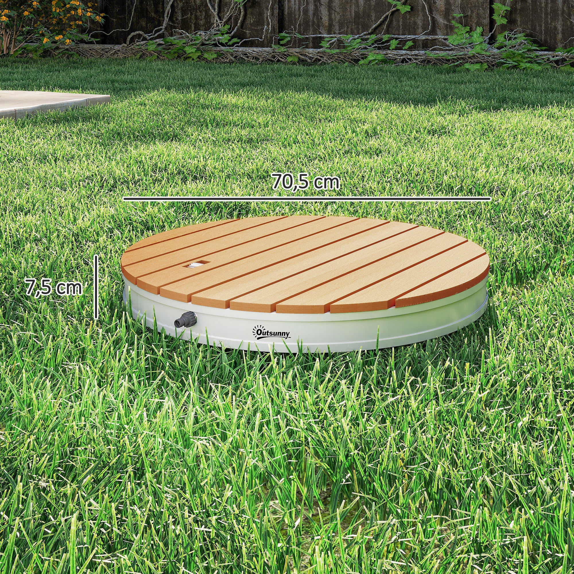 Ground Shower Garden Shower with Adjustable Foot Wheel Aluminum Outdoor Shower Up to 4m Fountain Height Ø70.5cm Sauna Shower Wood Look Non-slip Weatherproof Outdoor Camping Shower for Pool Sauna