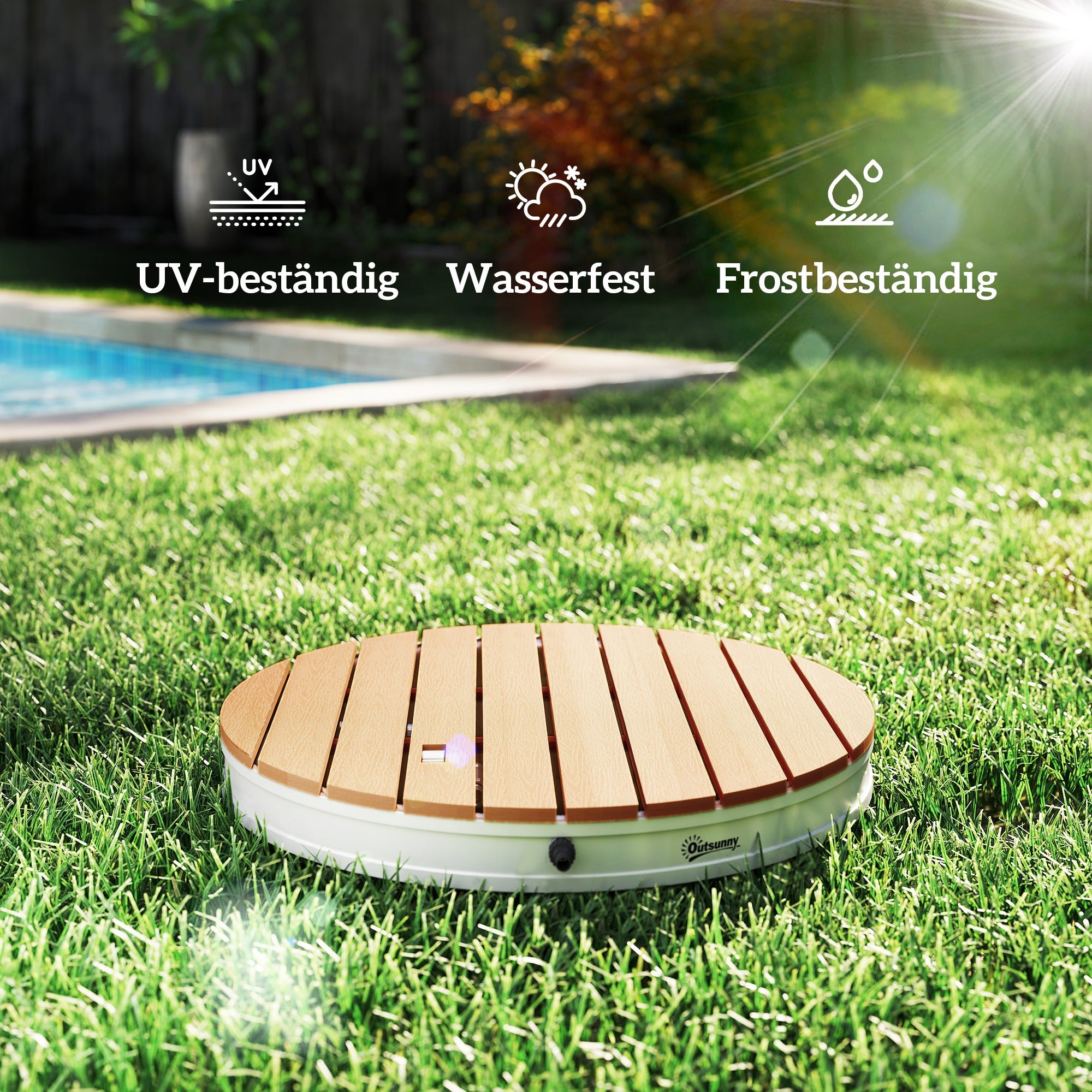 Ground Shower Garden Shower with Adjustable Foot Wheel Aluminum Outdoor Shower Up to 4m Fountain Height Ø70.5cm Sauna Shower Wood Look Non-slip Weatherproof Outdoor Camping Shower for Pool Sauna