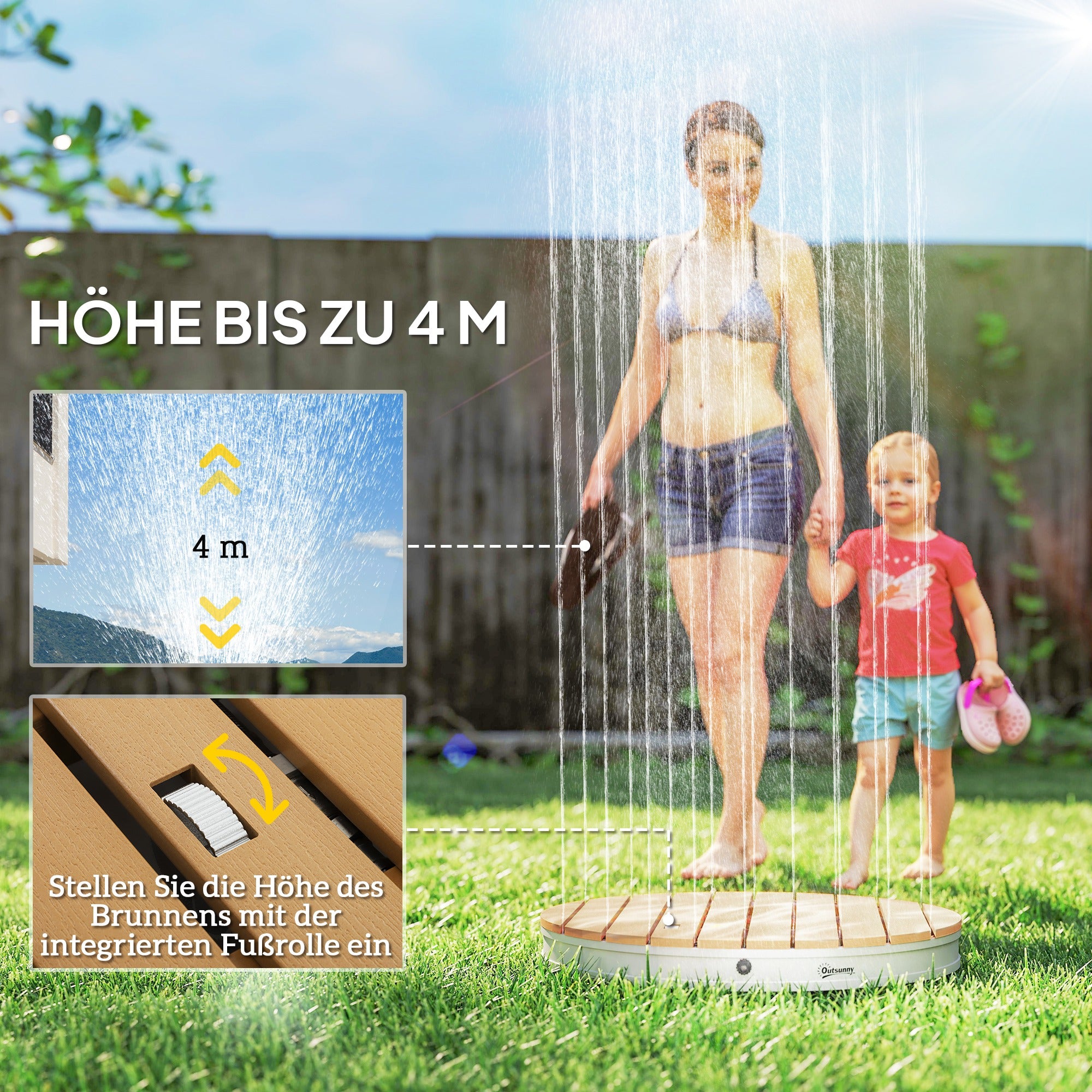 Ground Shower Garden Shower with Adjustable Foot Wheel Aluminum Outdoor Shower Up to 4m Fountain Height Ø70.5cm Sauna Shower Wood Look Non-slip Weatherproof Outdoor Camping Shower for Pool Sauna