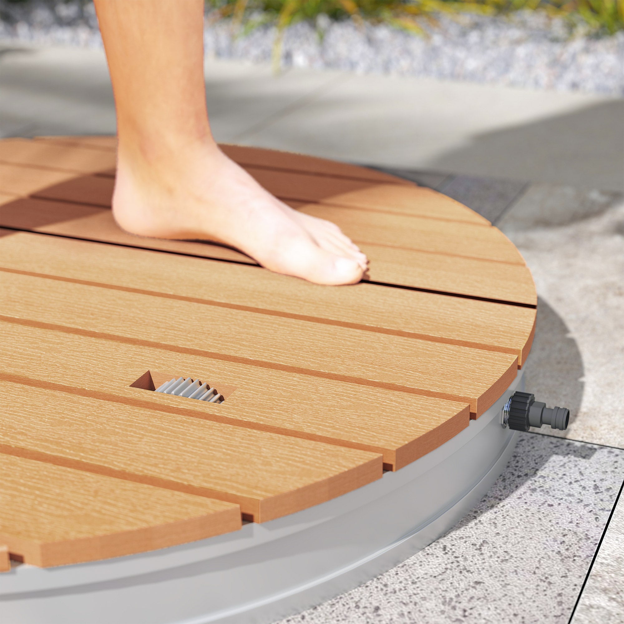 Ground Shower Garden Shower with Adjustable Foot Wheel Aluminum Outdoor Shower Up to 4m Fountain Height Ø70.5cm Sauna Shower Wood Look Non-slip Weatherproof Outdoor Camping Shower for Pool Sauna