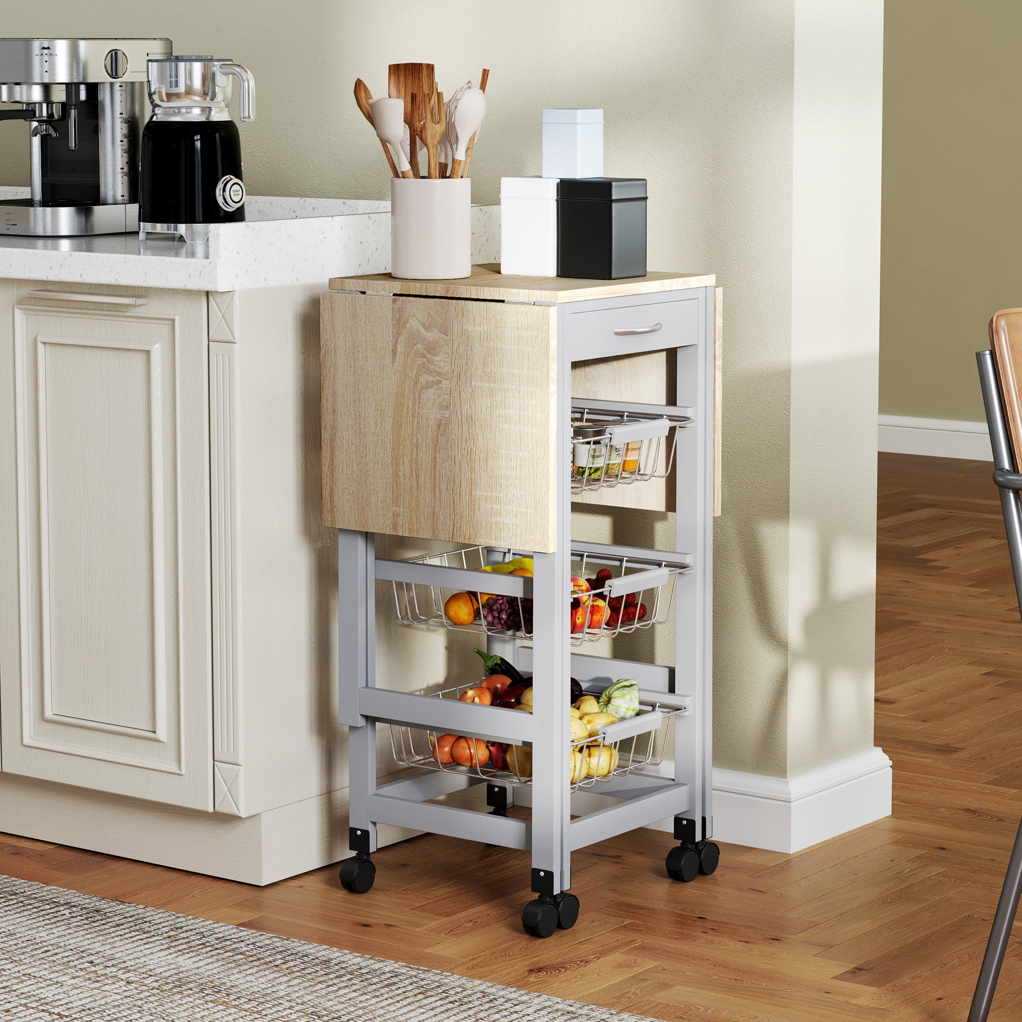 Folding Serving Cart with 6 Wheels, 3 Baskets, Drawer, and 2 Drop-Leaf Extensions, Kitchen Trolley in MDF and Metal, 37x37x77.5 cm, Gray and Oak