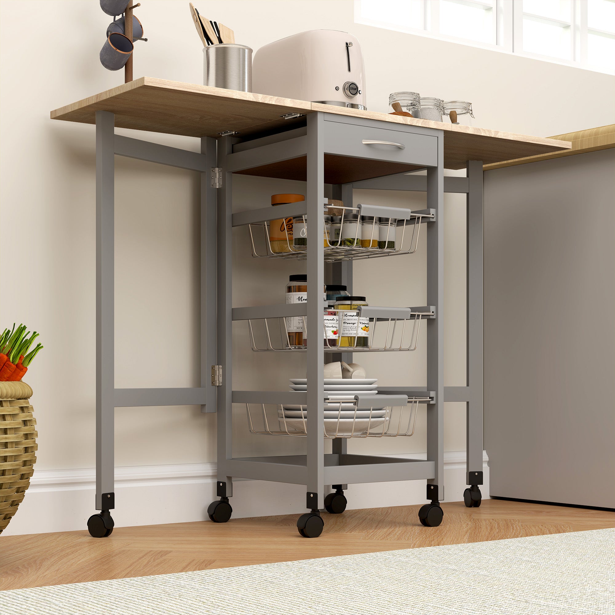 Folding Serving Cart with 6 Wheels, 3 Baskets, Drawer, and 2 Drop-Leaf Extensions, Kitchen Trolley in MDF and Metal, 37x37x77.5 cm, Gray and Oak