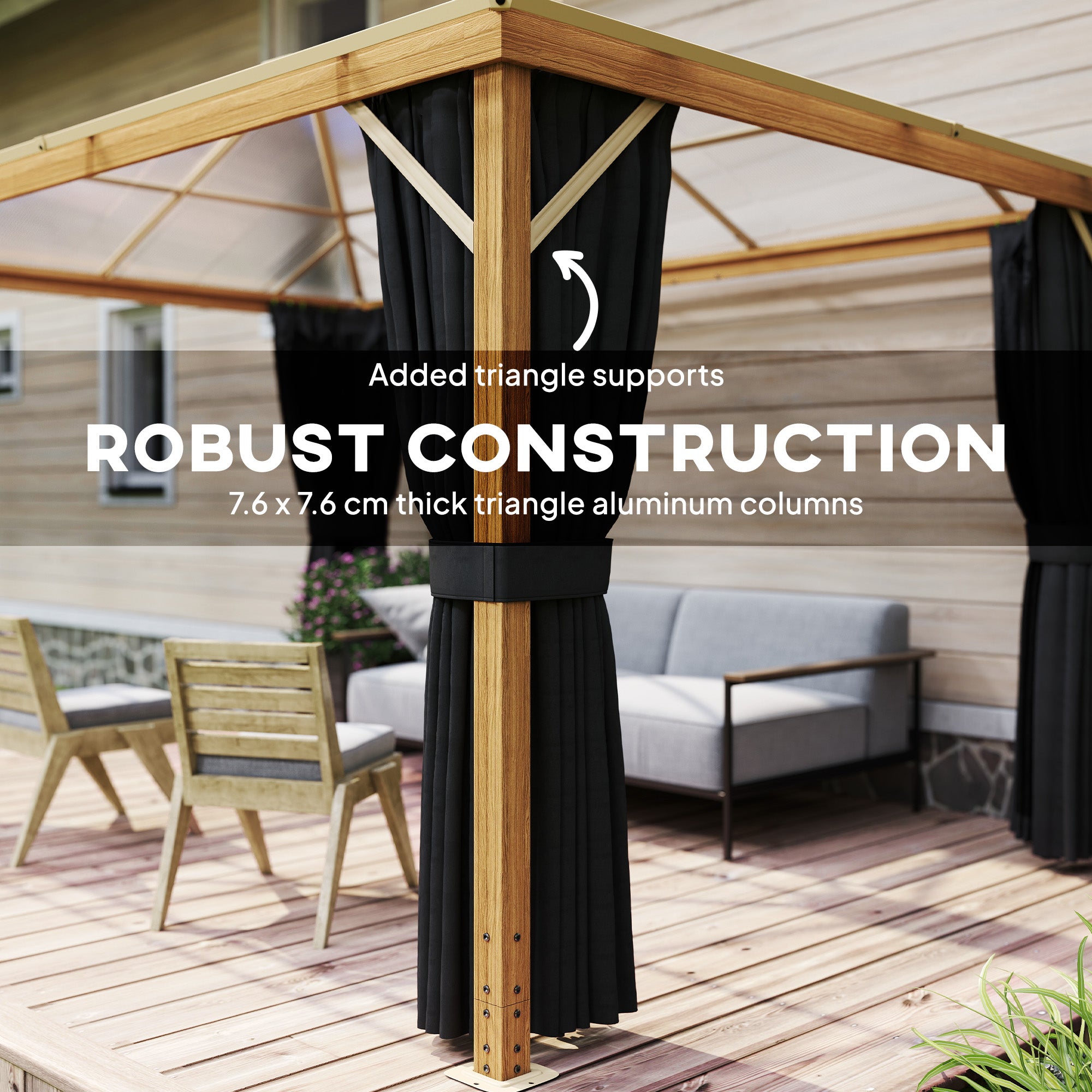 4 x 3 m Aluminum Gazebo with 6 mm Polycarbonate Hardtop, Wood-Grain Finish, Mosquito Net & 4 Side Curtains — Winter-Resistant Pergola with Ceiling Hooks (Natural Wood)