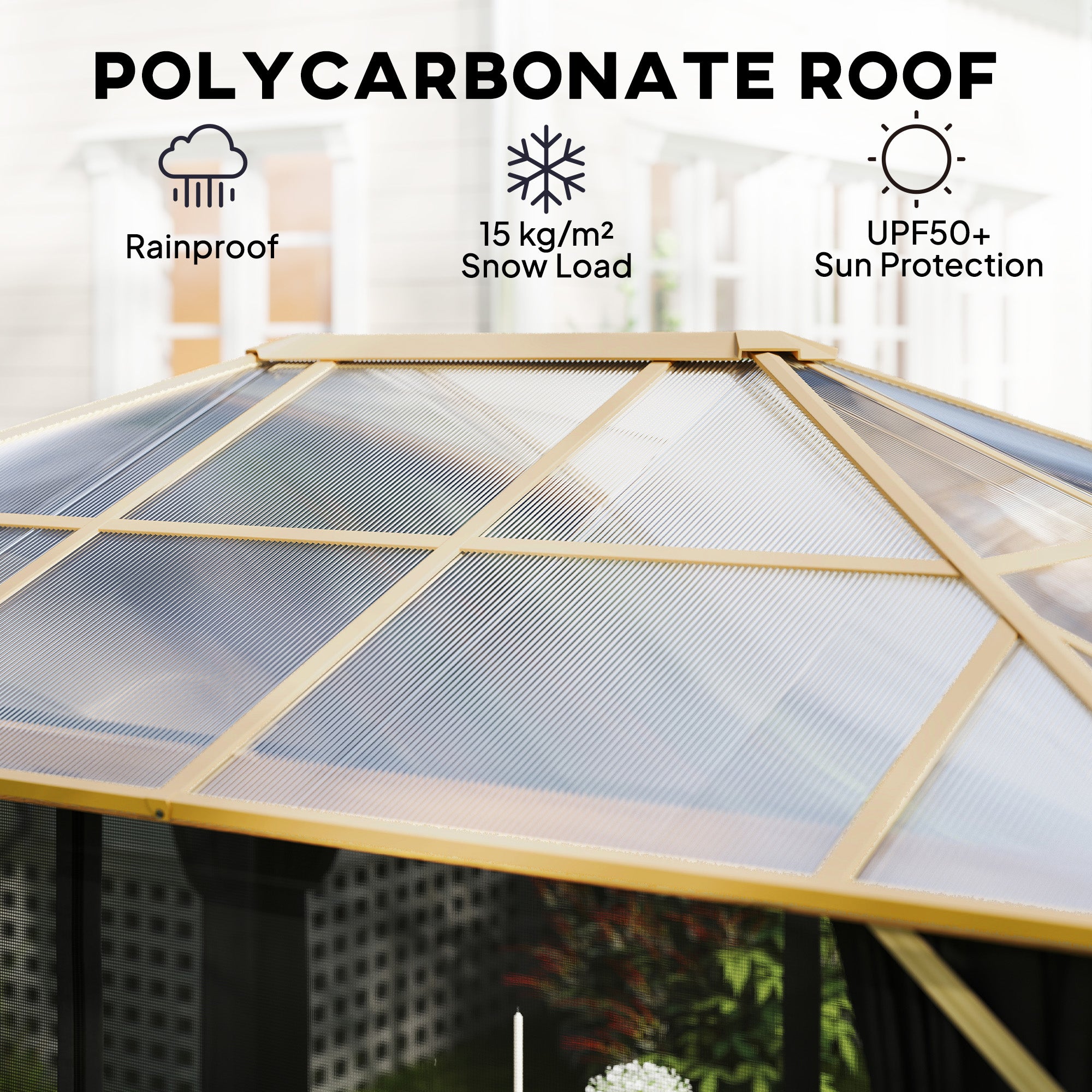 4 x 3 m Aluminum Gazebo with 6 mm Polycarbonate Hardtop, Wood-Grain Finish, Mosquito Net & 4 Side Curtains — Winter-Resistant Pergola with Ceiling Hooks (Natural Wood)