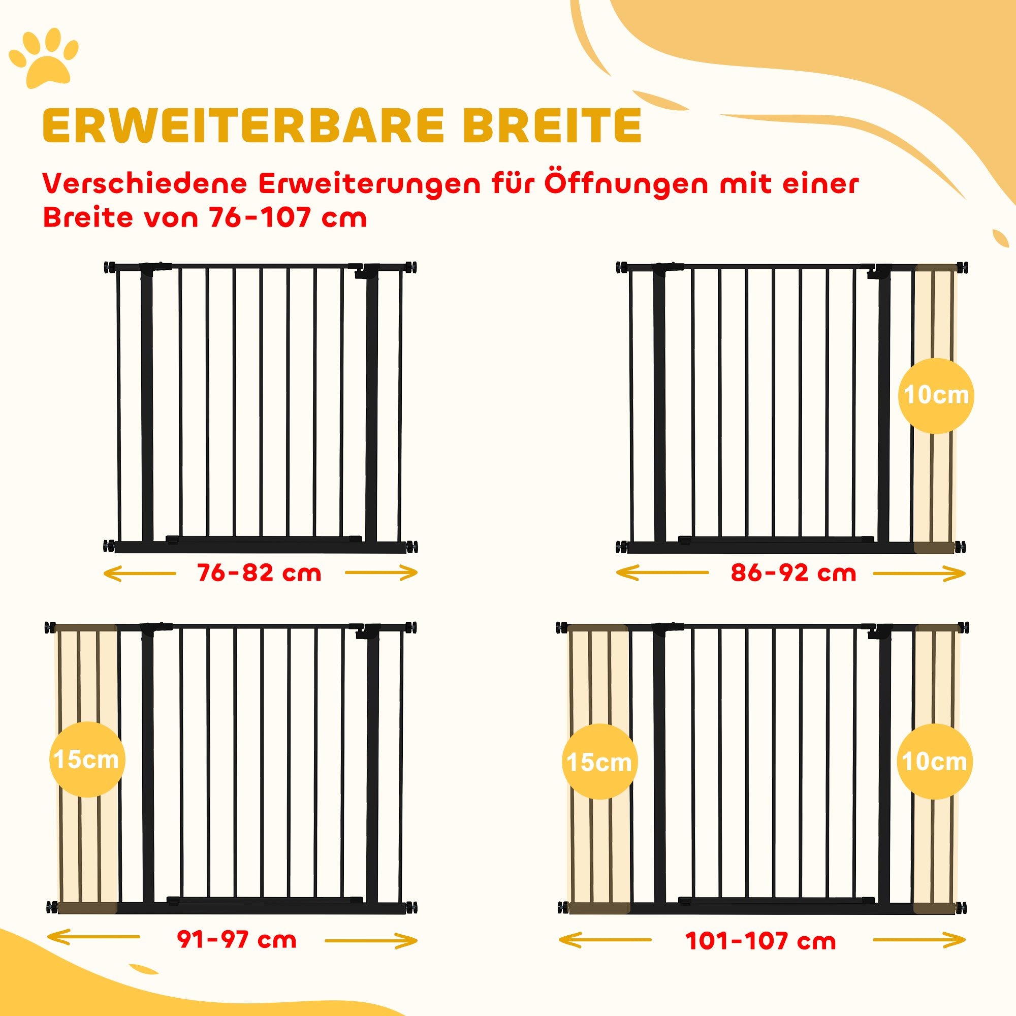 Door Safety Gate Stair Guard with 10/15 cm Extension Door Gate Without Drilling Stair Gate for Widths 76-107 cm One-Hand Opening Steel Black